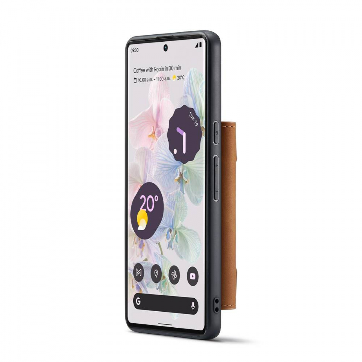 Ein Smartphone mit Hülle und Portemonnaie. Der Bildschirm zeigt eine App-Oberfläche.