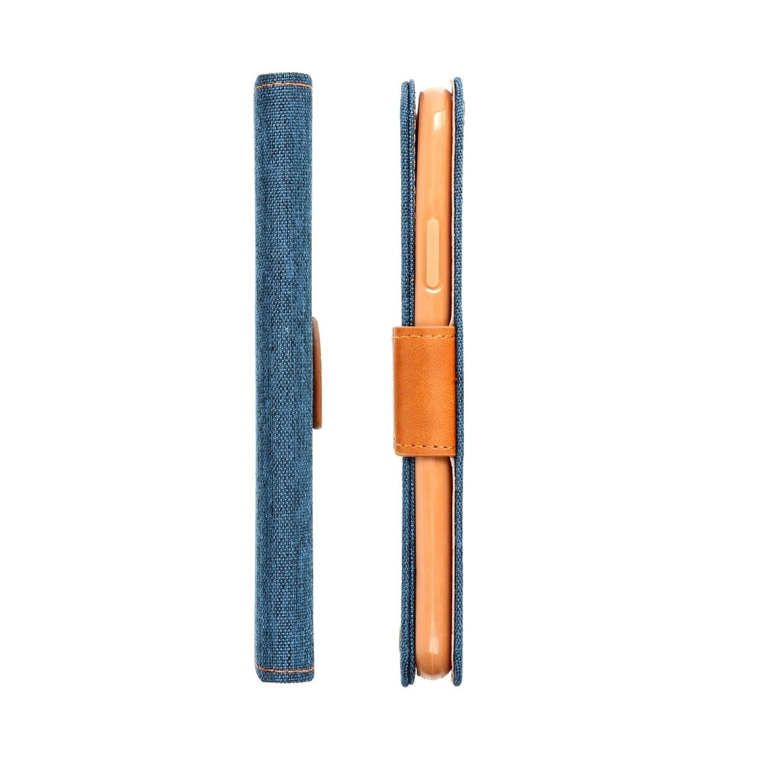 Eine blaue und orangefarbene Handyhülle, geschlossen und offen, mit einem Telefon.