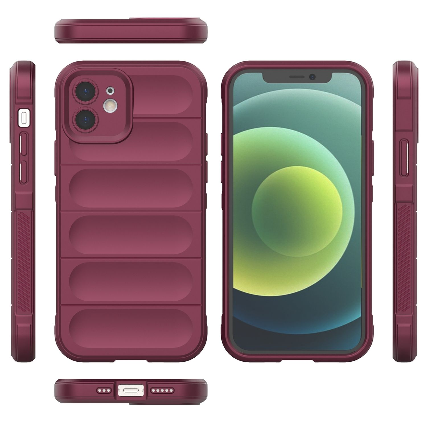 Custodia per telefono bordeaux. Ha un design a coste e copre la parte posteriore e i lati del telefono. Diverse viste.