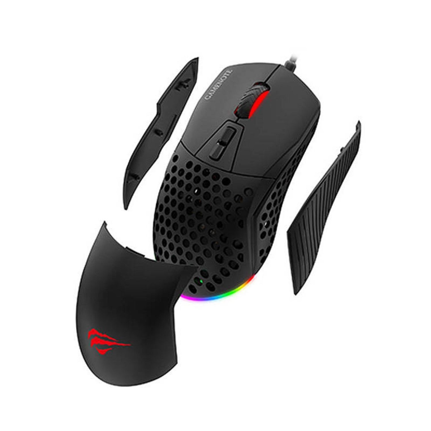 Schwarze Gaming-Maus mit RGB-Beleuchtung und abnehmbaren Teilen. Weißer Hintergrund.