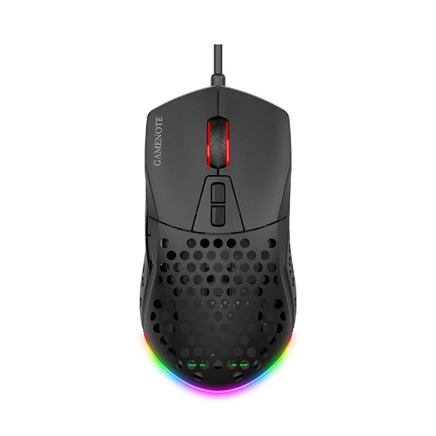 Schwarze Gaming-Maus mit roter und blauer Beleuchtung, mit der Aufschrift 'GAMENOTE'.
