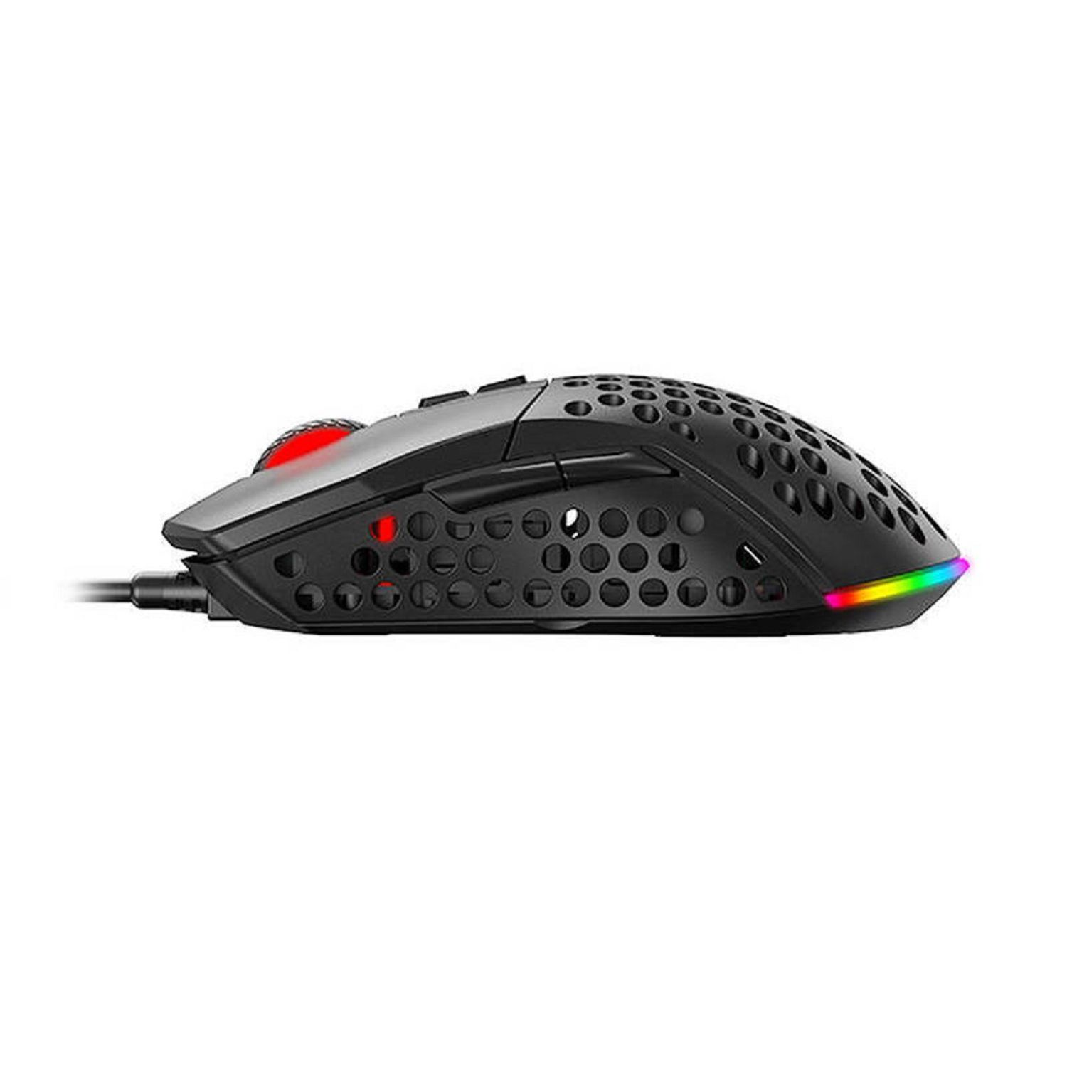 Schwarze Gaming-Maus mit Löchern, RGB-Beleuchtung und roter Taste. Weißer Hintergrund.