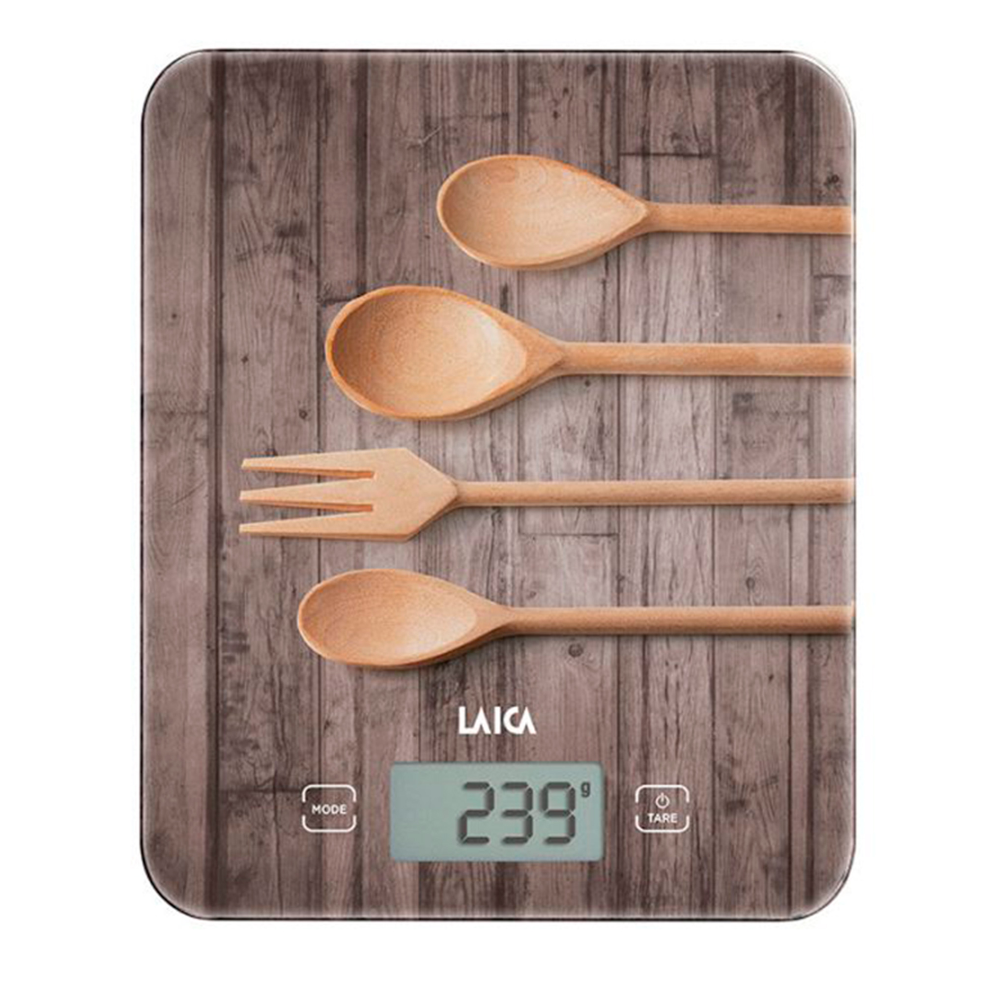 Cyfrowa waga kuchenna z drewnianymi przyborami, pokazująca wagę 239.