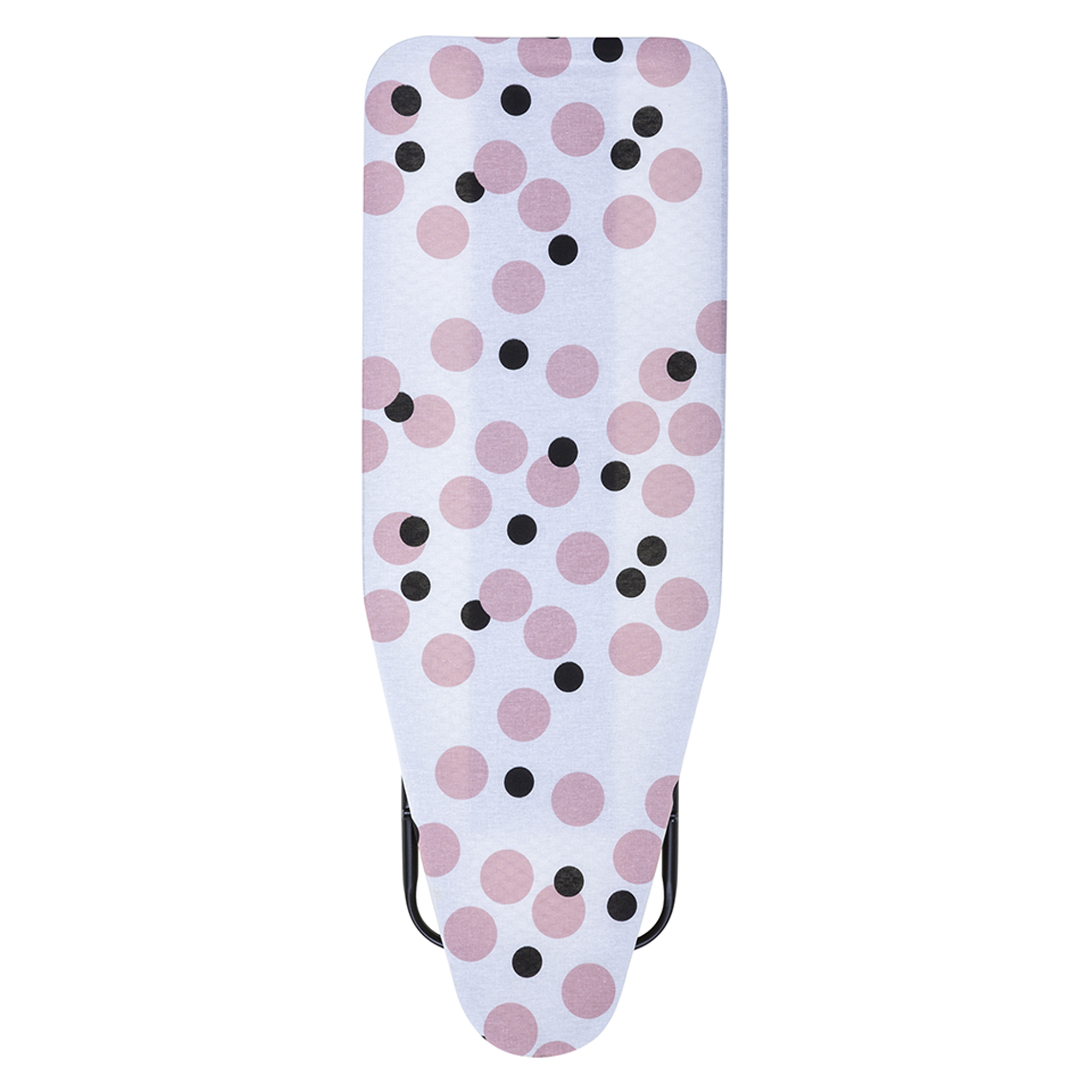 Una funda para tabla de planchar con un estampado de lunares rosas y negros.