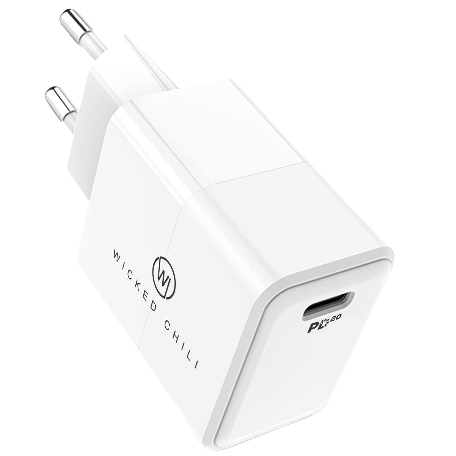 Weißes Ladegerät mit schwarzem Logo und USB-C-Anschluss. Es hat zwei Metallstifte.