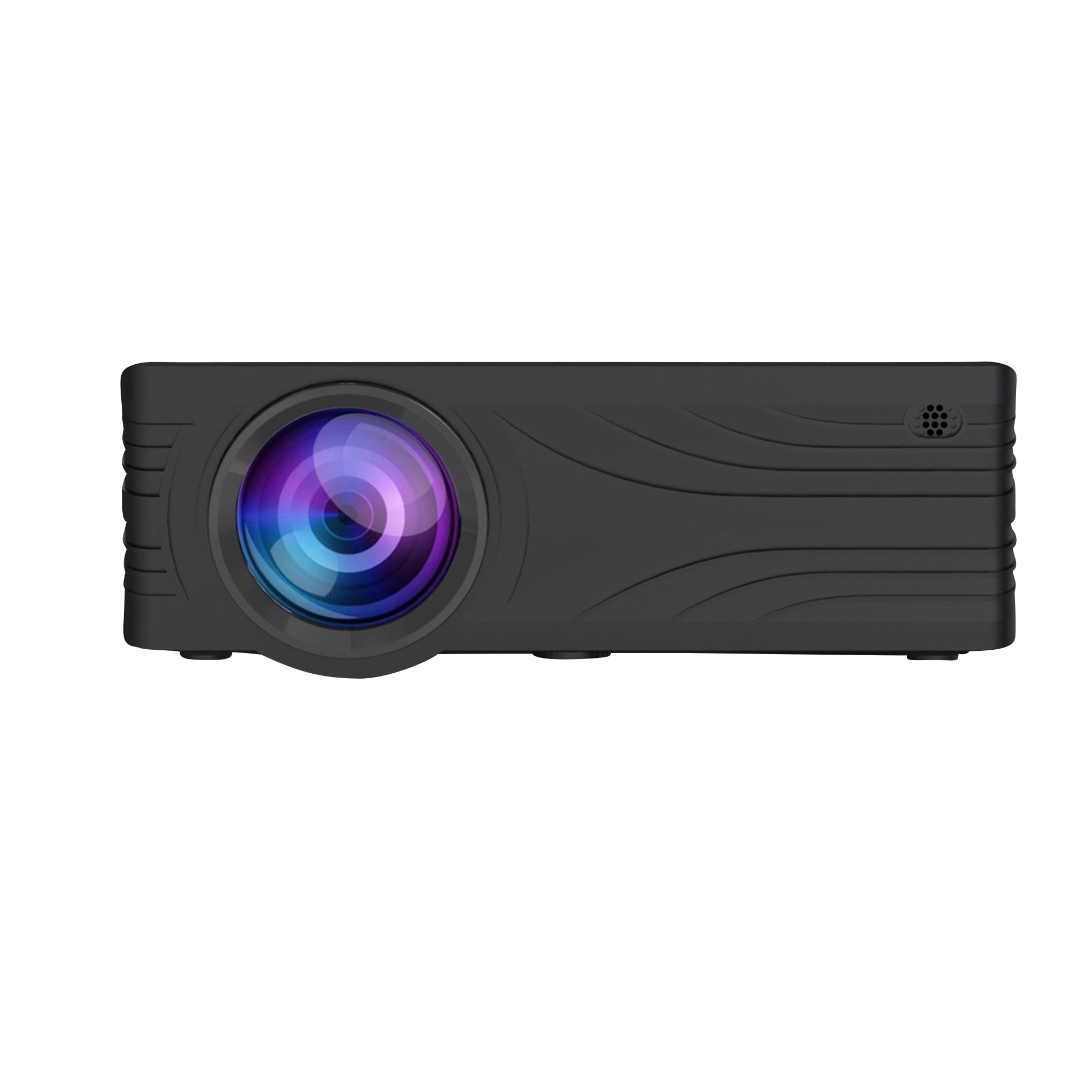 Projecteur noir avec une grande lentille et des fentes d'aération. Fond sombre.
