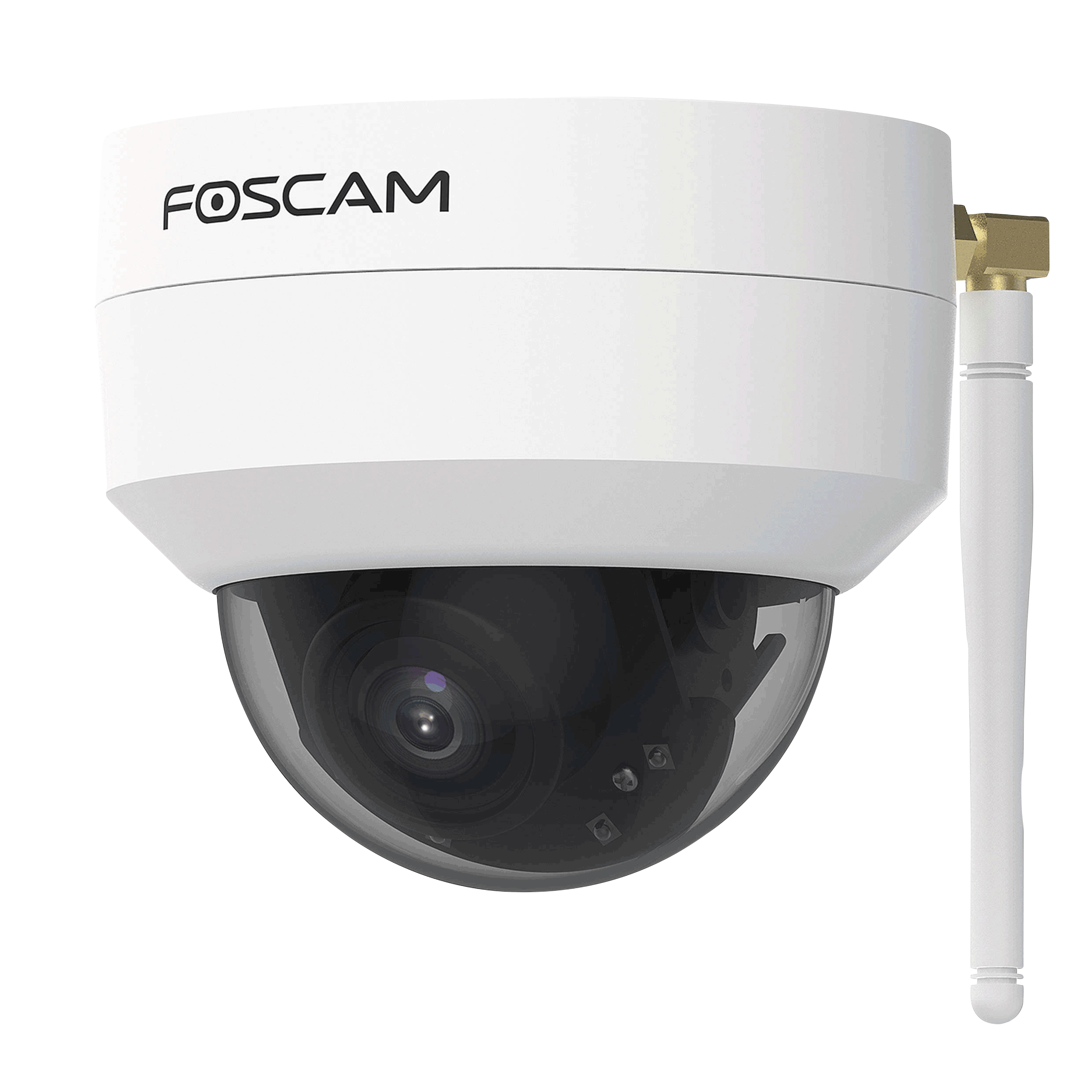 Weiße Foscam-Sicherheitskamera. Die Kamera hat eine Kuppelform und eine lange Antenne.
