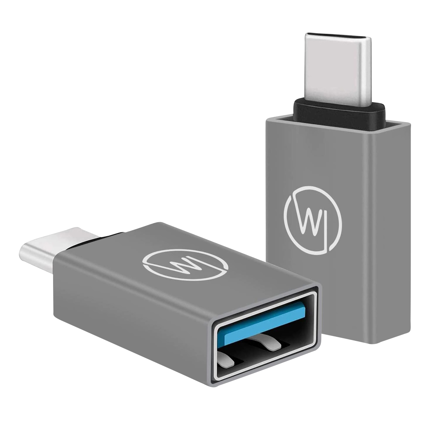 Zwei graue USB-C-Adapter mit dem Logo "WI".