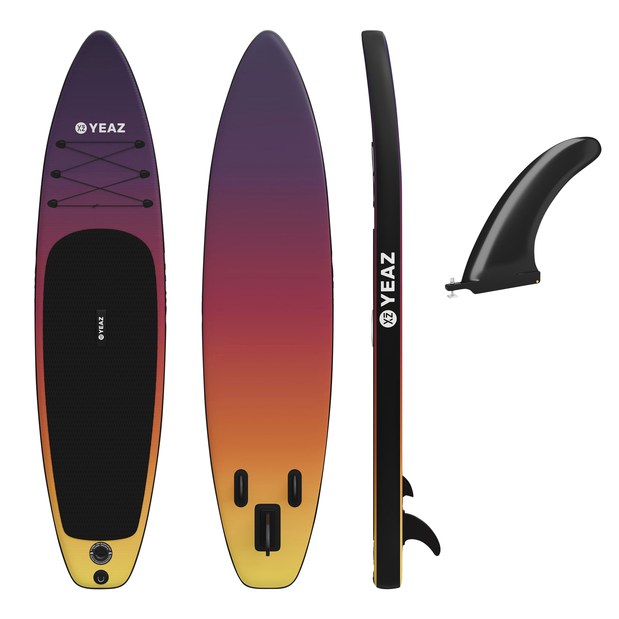 Ein mehrfarbiges Paddleboard mit Finne und Zubehör. Das Board ist gelb bis lila verlaufend.