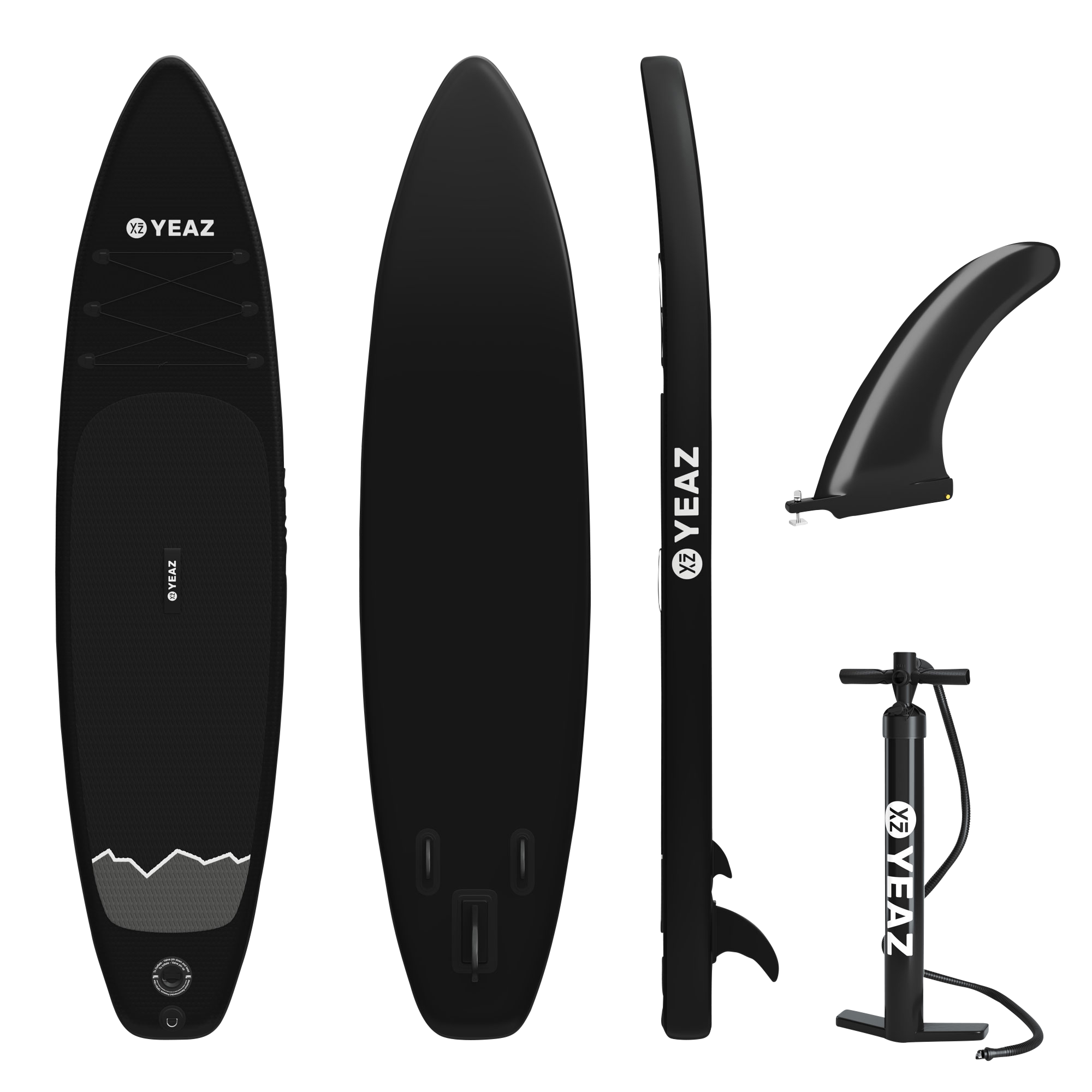 Schwarzes Stand-Up-Paddleboard mit Zubehör, einschließlich einer Finne und einer Pumpe.
