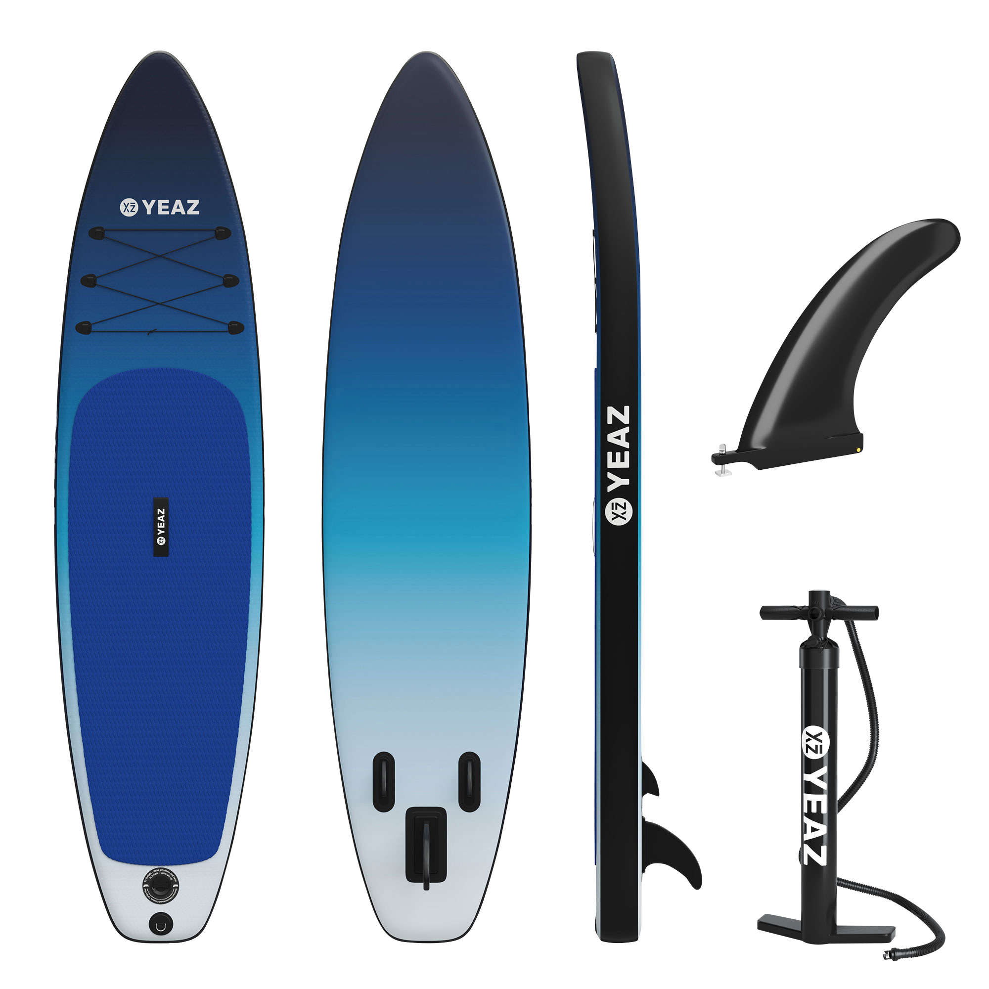 Stand-Up-Paddleboard-Set mit blau-weißem Board, Paddel, Pumpe und Finne auf schwarzem Hintergrund.