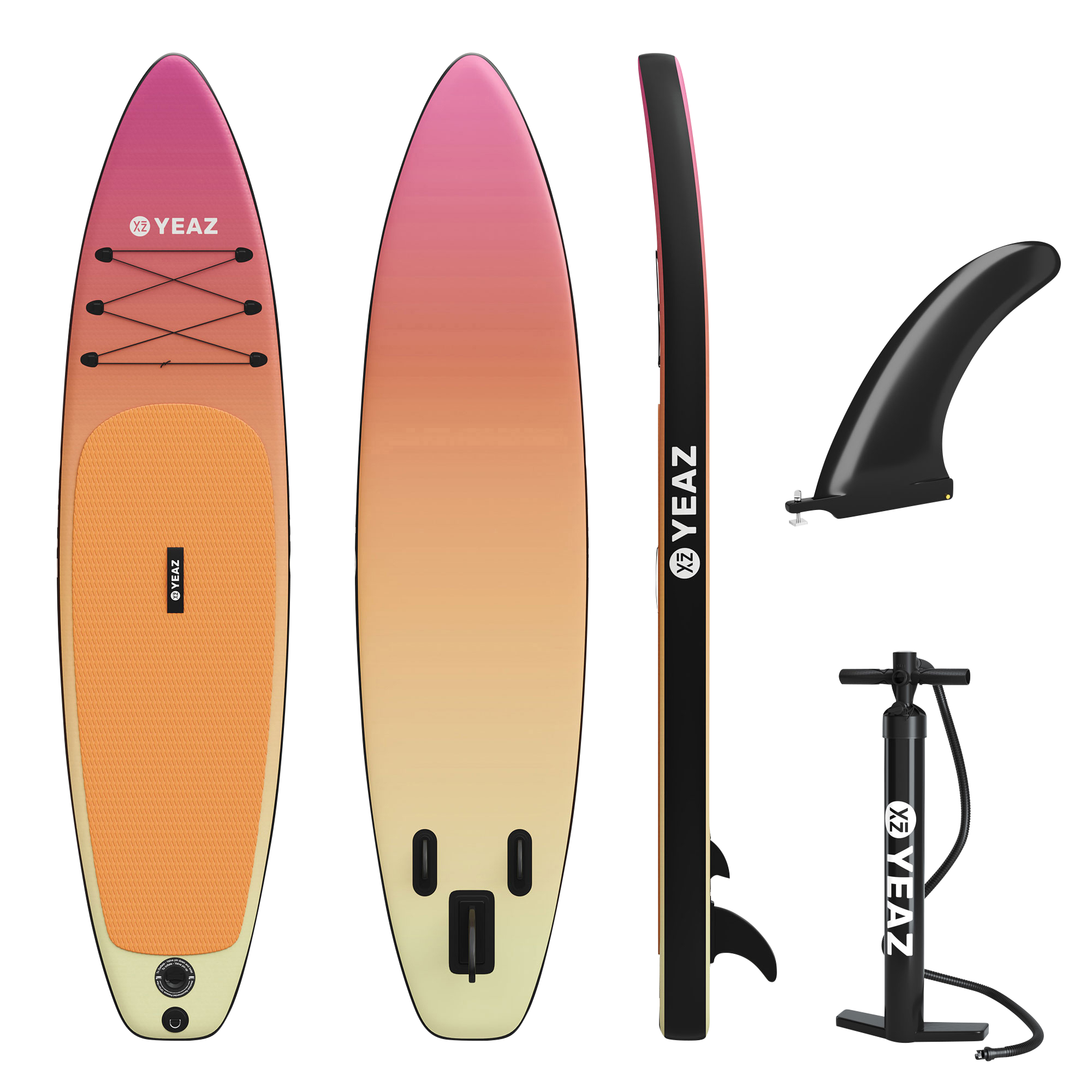 Aufblasbares Paddleboard mit orange, pink und gelb Farbverlauf. Inkl. Finne und Pumpe.