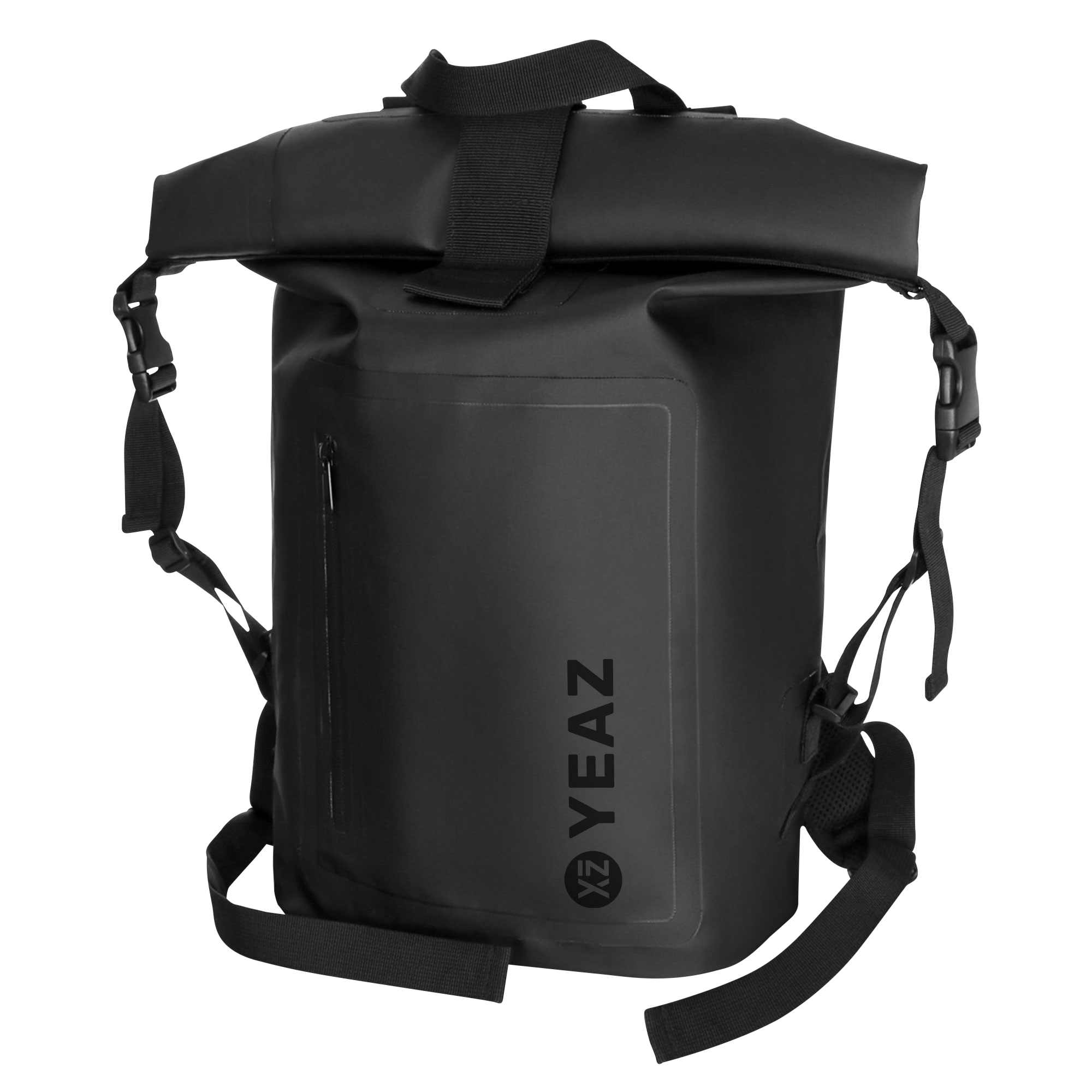 Schwarzer wasserdichter Rucksack mit Rollverschluss und Logo. Schwarze Gurte und Schnallen. Weißer Hintergrund.