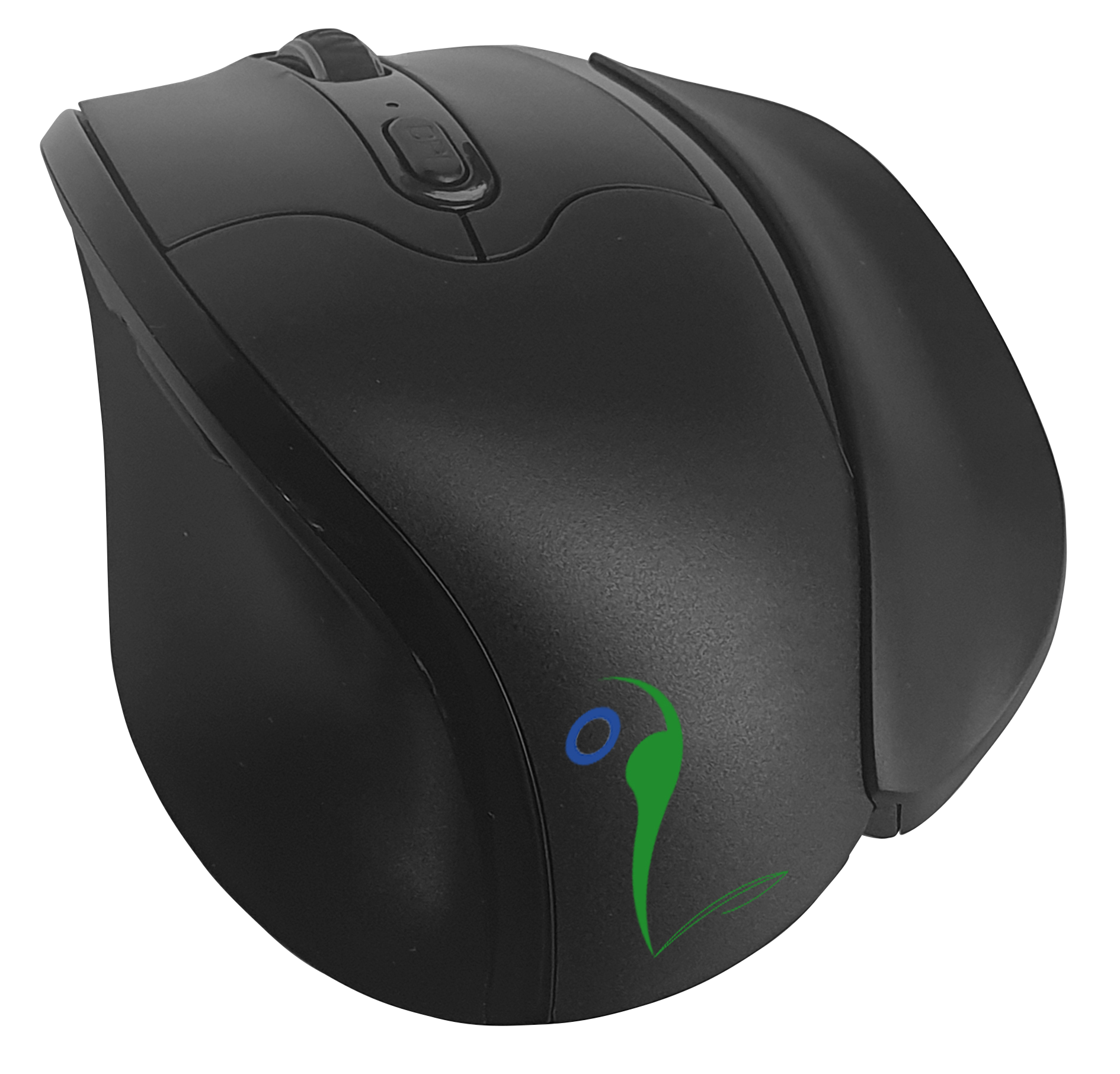 Schwarze Computermaus mit grün-blauem Logo. Hat Tasten und ein Scrollrad.