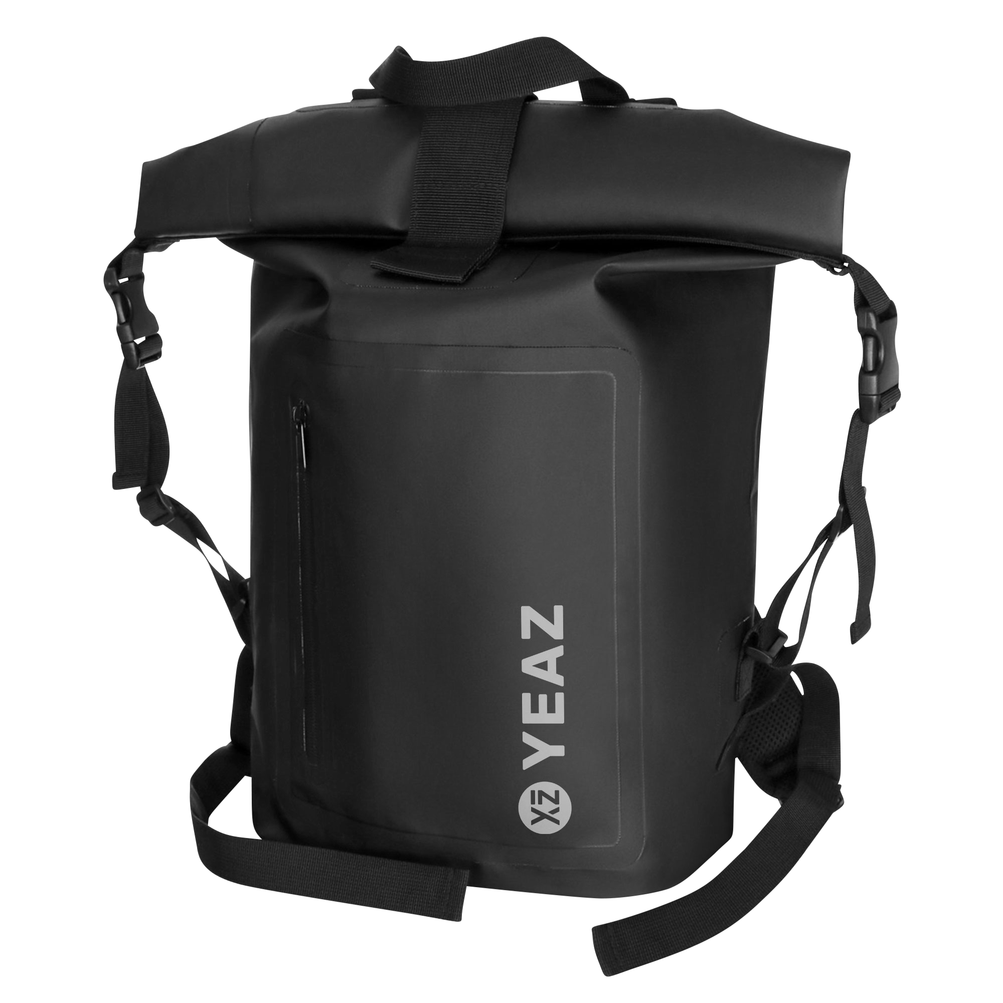 Schwarze wasserdichte Tasche mit dem Wort YEAZ auf der Vorderseite, mit schwarzem Hintergrund.