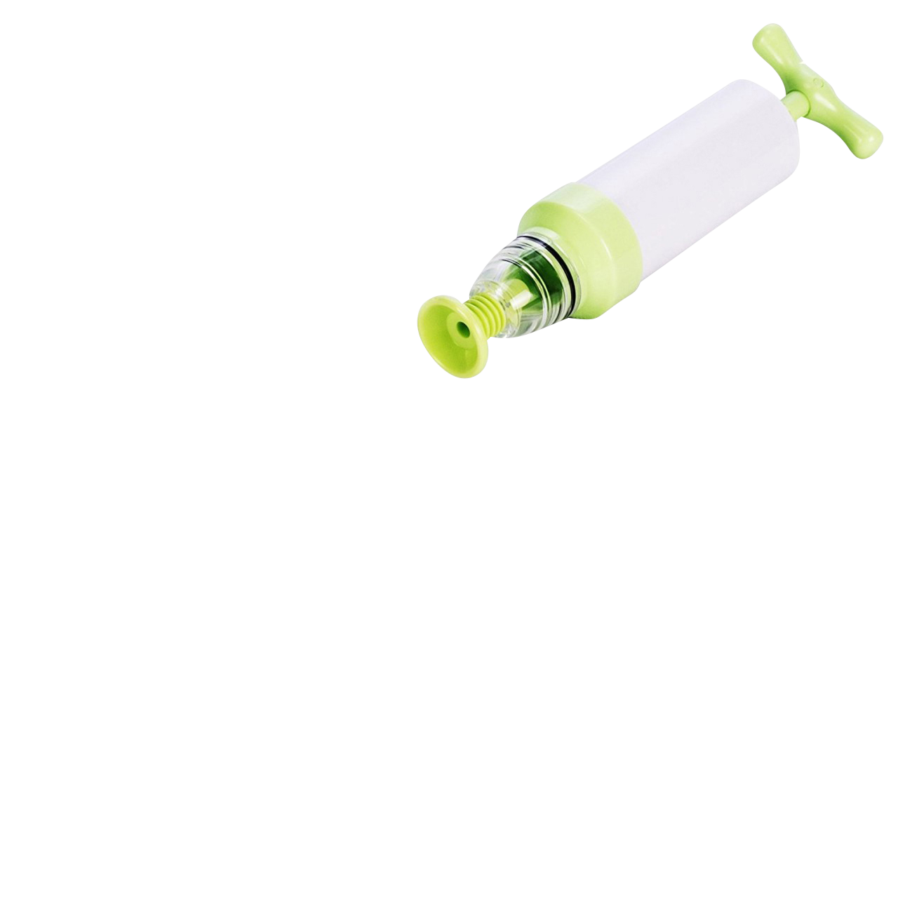 Eine weiße und grüne Vakuumpumpe liegt diagonal auf weißem Hintergrund. Die Pumpe hat einen weißen Körper, grüne Akzente und einen Griff.