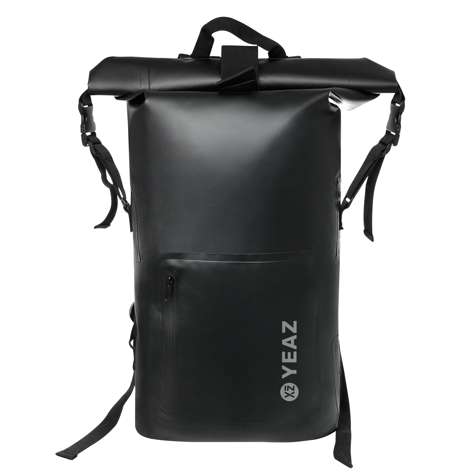 Schwarzer wasserdichter Rucksack mit Rollverschluss. Das YEAZ-Logo ist sichtbar.