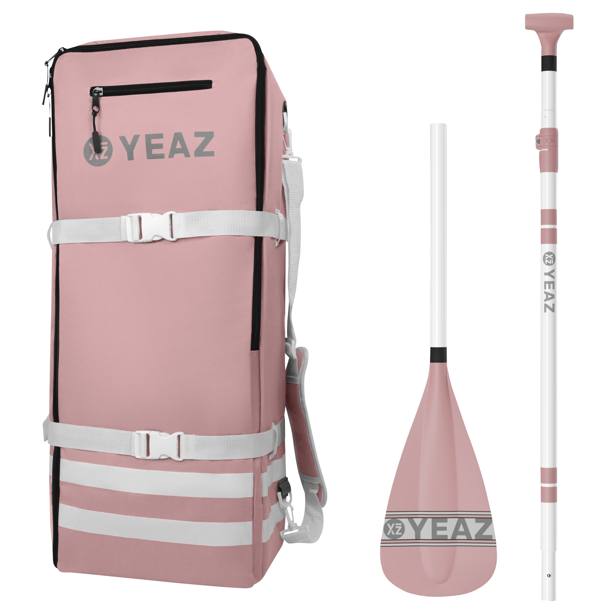 Rosa SUP-Tasche, Paddel und Paddelboard. Enthält eine Tasche, ein Paddel und ein zerlegtes Paddel.