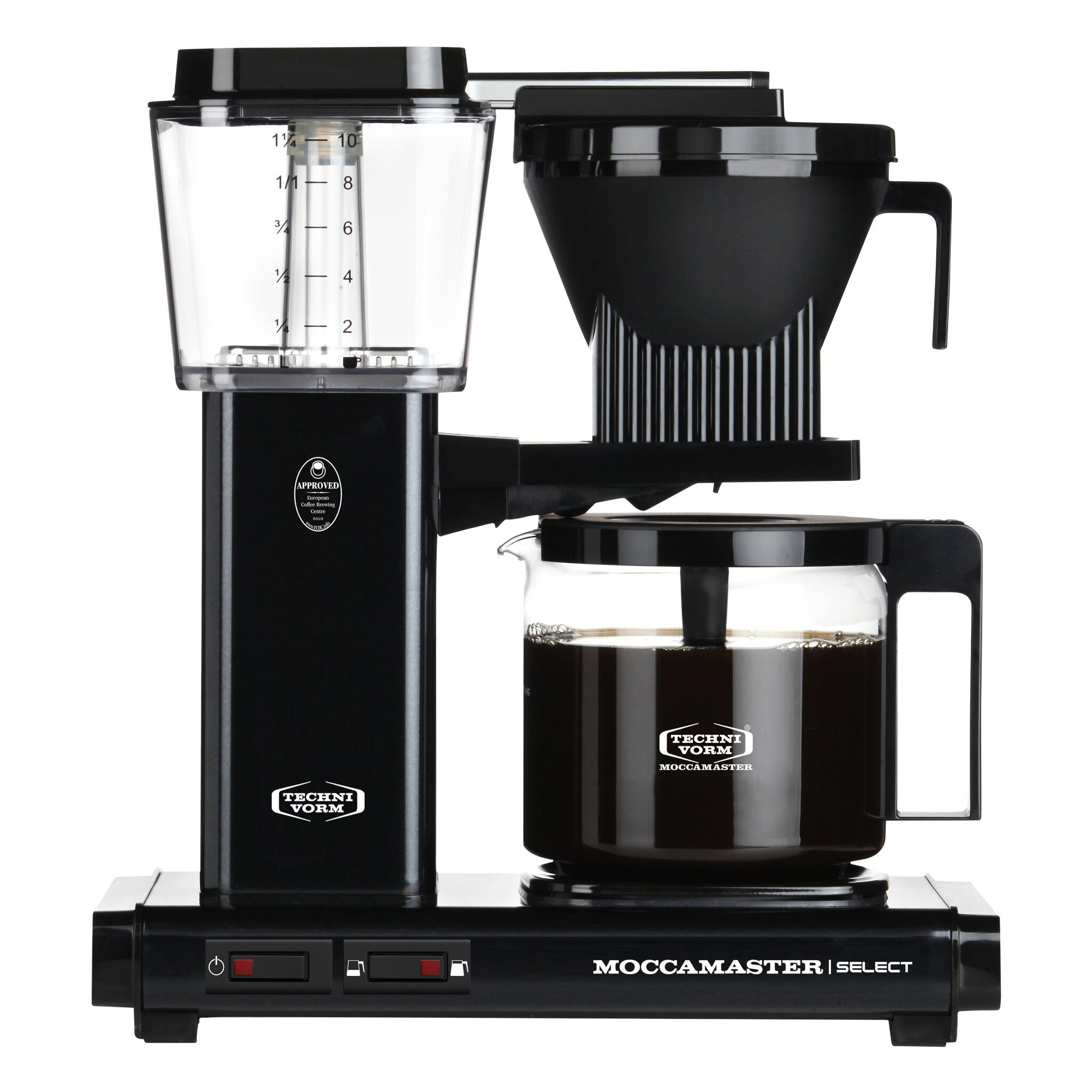 Czarny ekspres do kawy ze szklaną karafką, czarną podstawą i przezroczystym zbiornikiem na wodę, czarne tło.