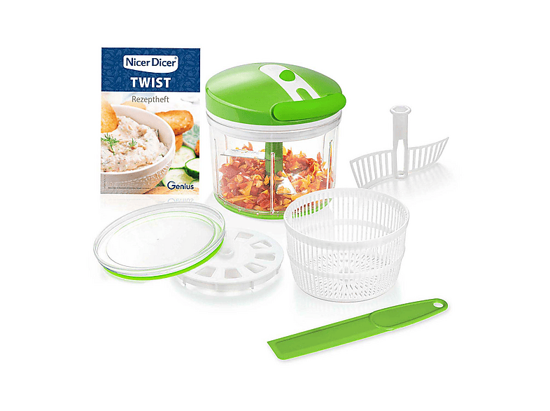 Genius Nicer Dicer Twist - Tritatutto Multifunzione 9 In 1, Manuale A Cordoncino, Centrifuga E Colino, 1000ml, Per Verdure, Cipolle E Frutta