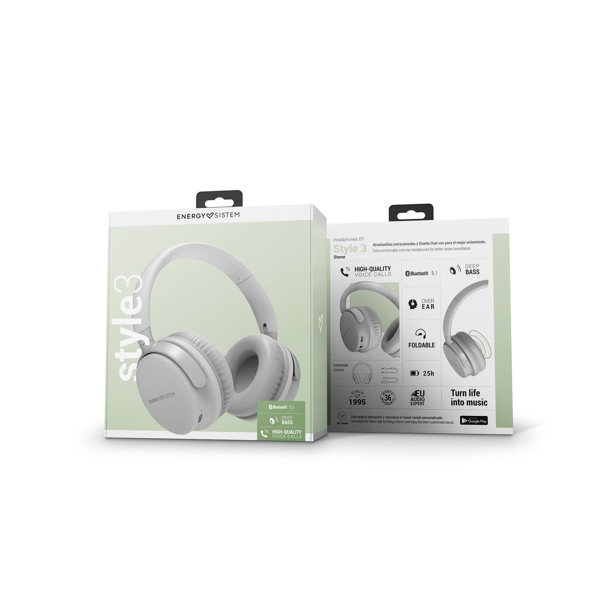 Auriculares blancos en una caja. La caja presenta imágenes de los auriculares.