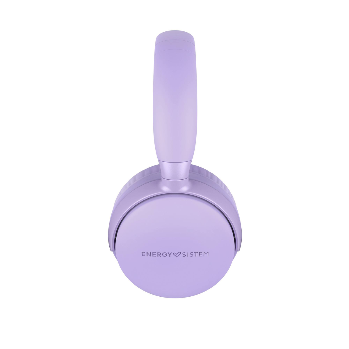 Auriculares morados. La marca está impresa en la parte redonda. Fondo blanco.