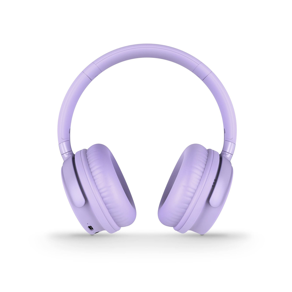Auriculares lilas sobre fondo blanco. Se ven almohadillas y diadema.
