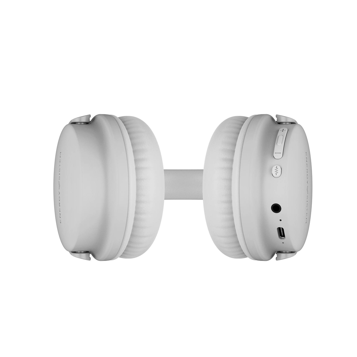 Auriculares blancos, vista superior, mostrando las copas y la diadema, foto de estudio.