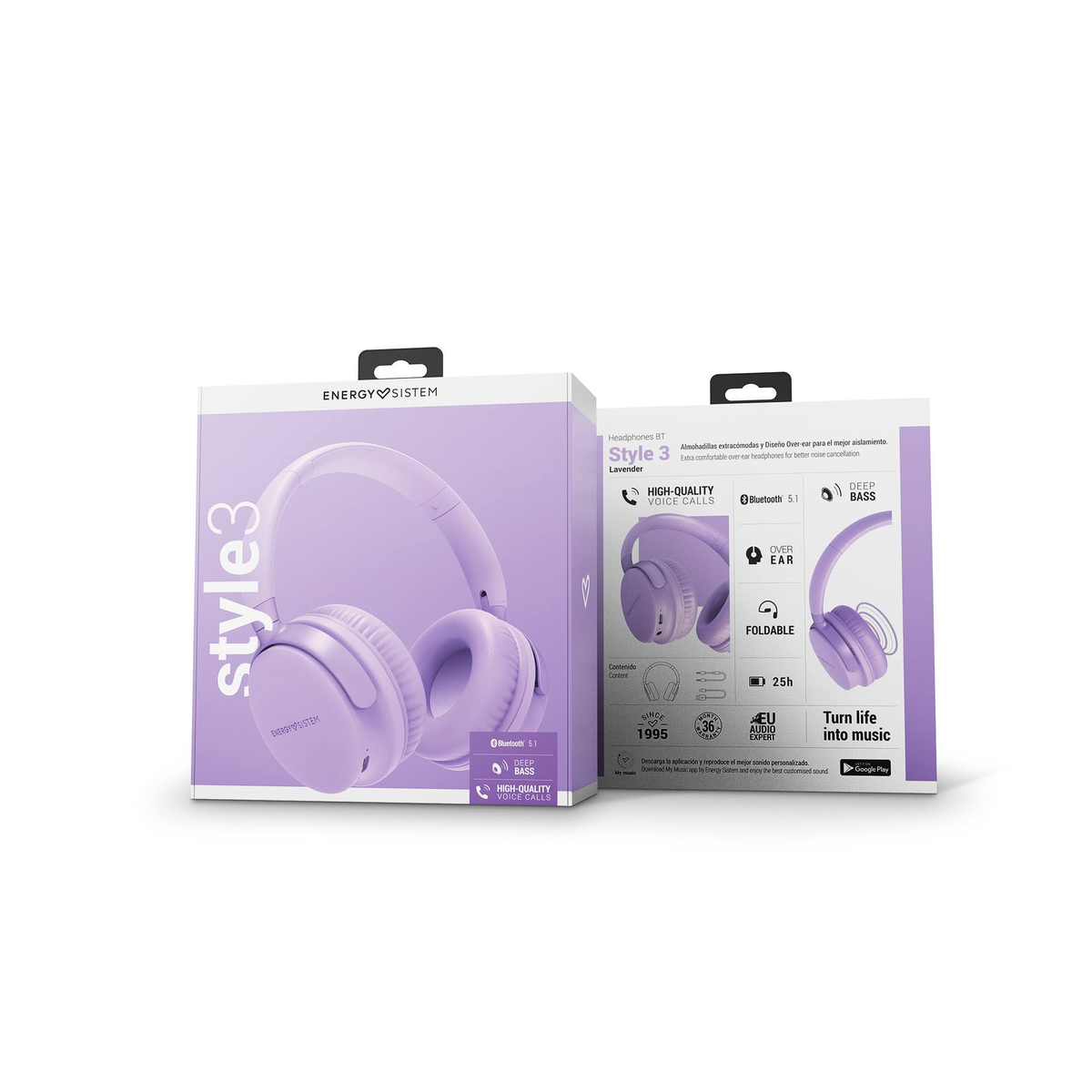 Auriculares en una caja con la marca "Style 3" y características listadas.