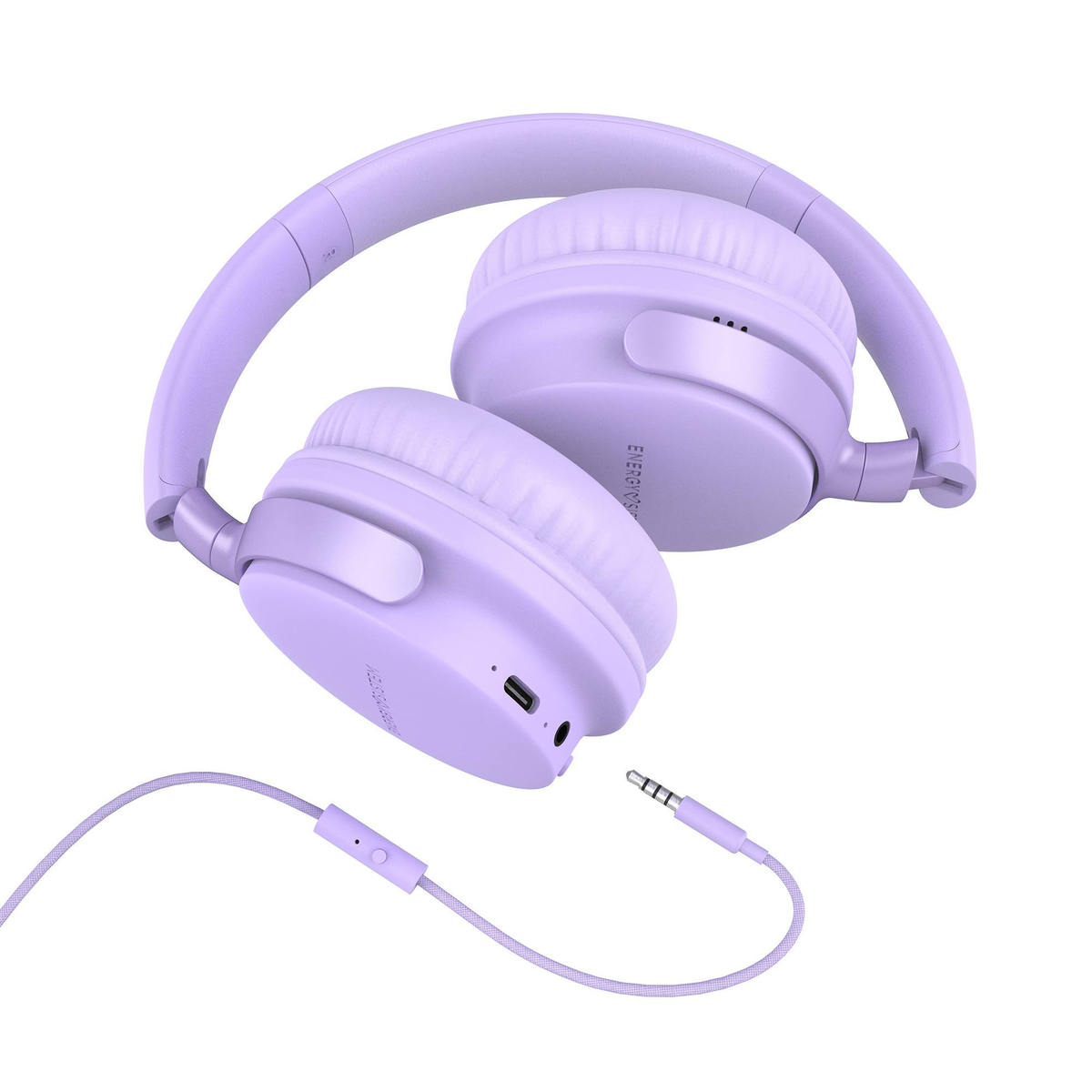 Auriculares lavanda con cable y conector de 3,5 mm. Los auriculares están abiertos.