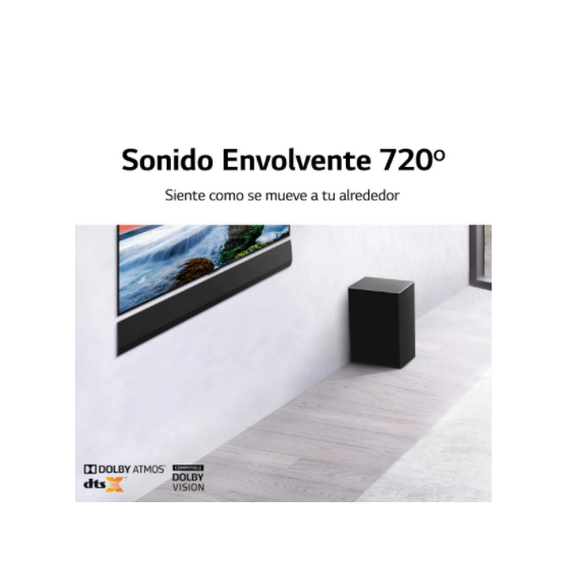 Czarny soundbar i subwoofer w białym pokoju z telewizorem na ścianie.