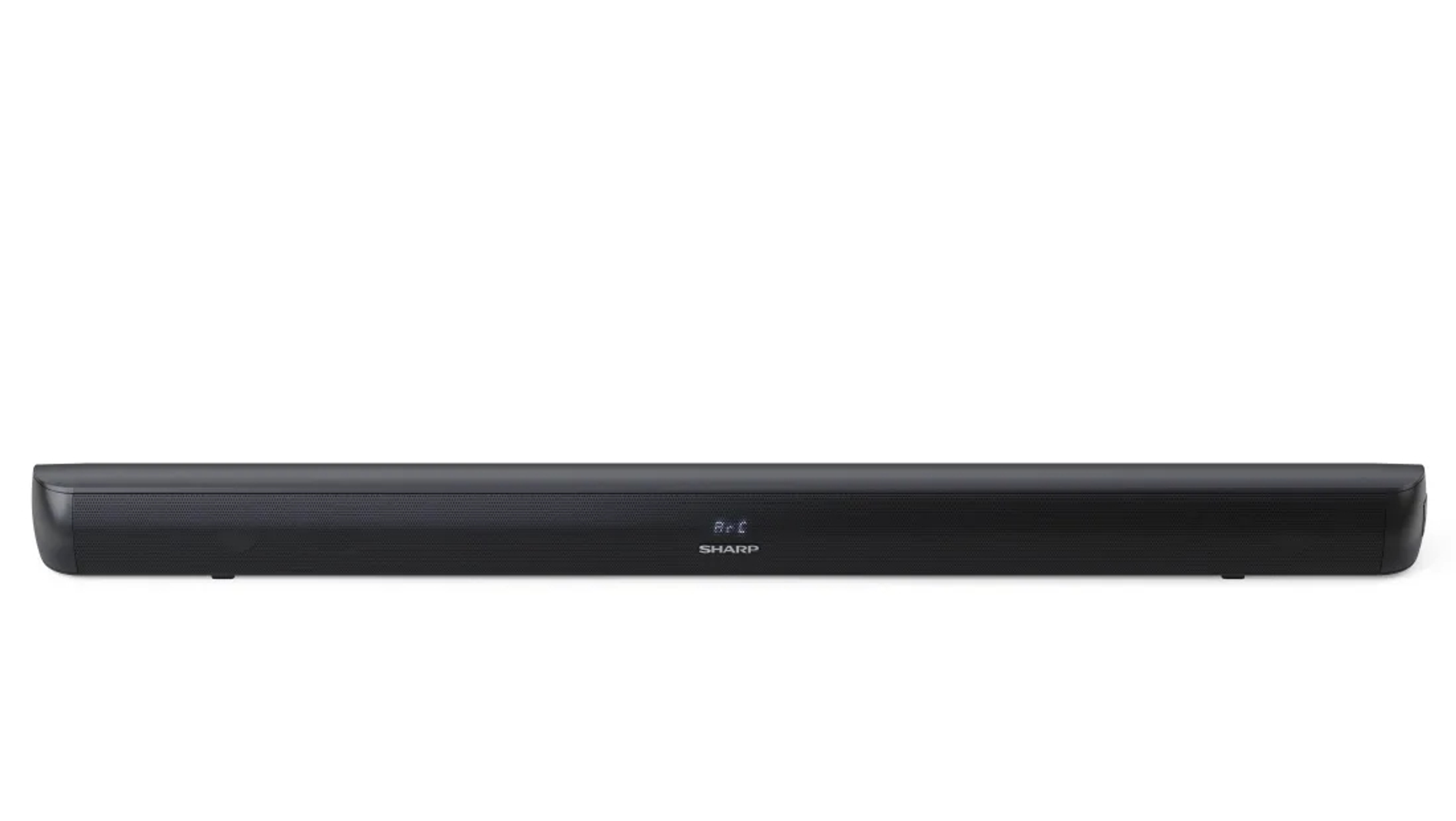 Czarny soundbar z logo SHARP. Białe tło.