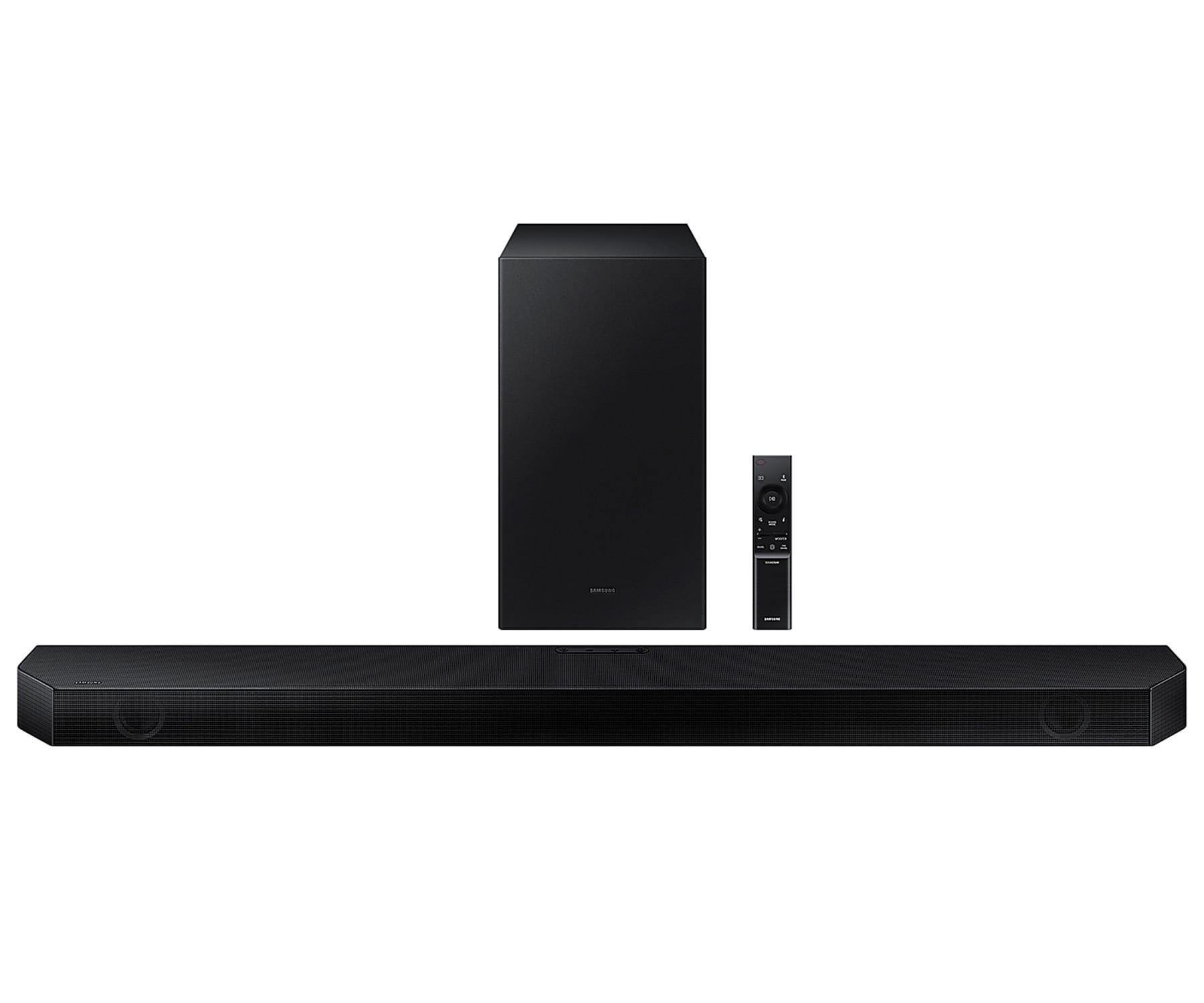 Czarny soundbar, subwoofer i pilot. Soundbar poziomy. Wszystko czarne.