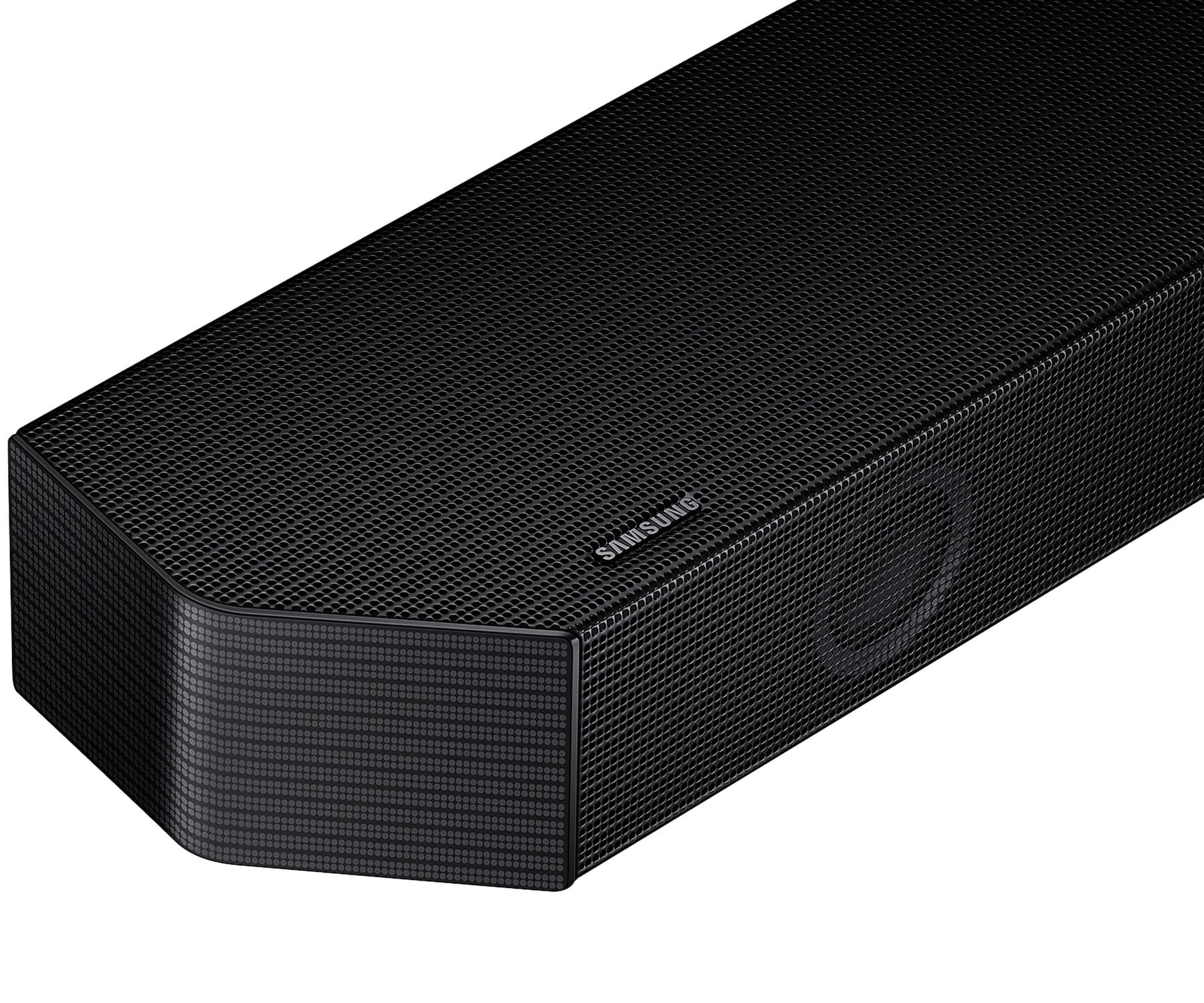 Czarny soundbar z siatkowym przodem i logo Samsung, na białym tle.
