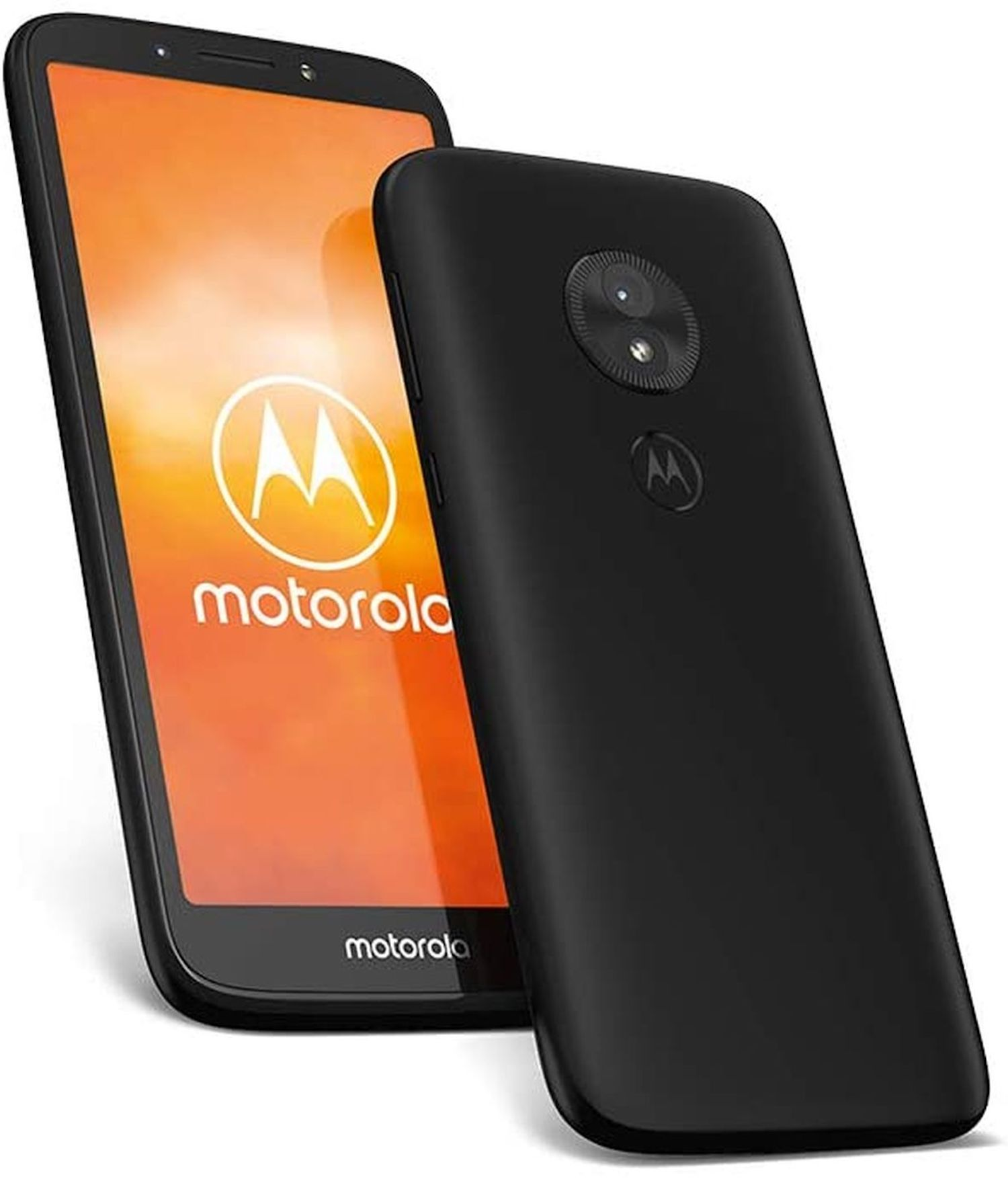 Dwa czarne smartfony Motorola. Jeden wyświetla logo na pomarańczowym tle.