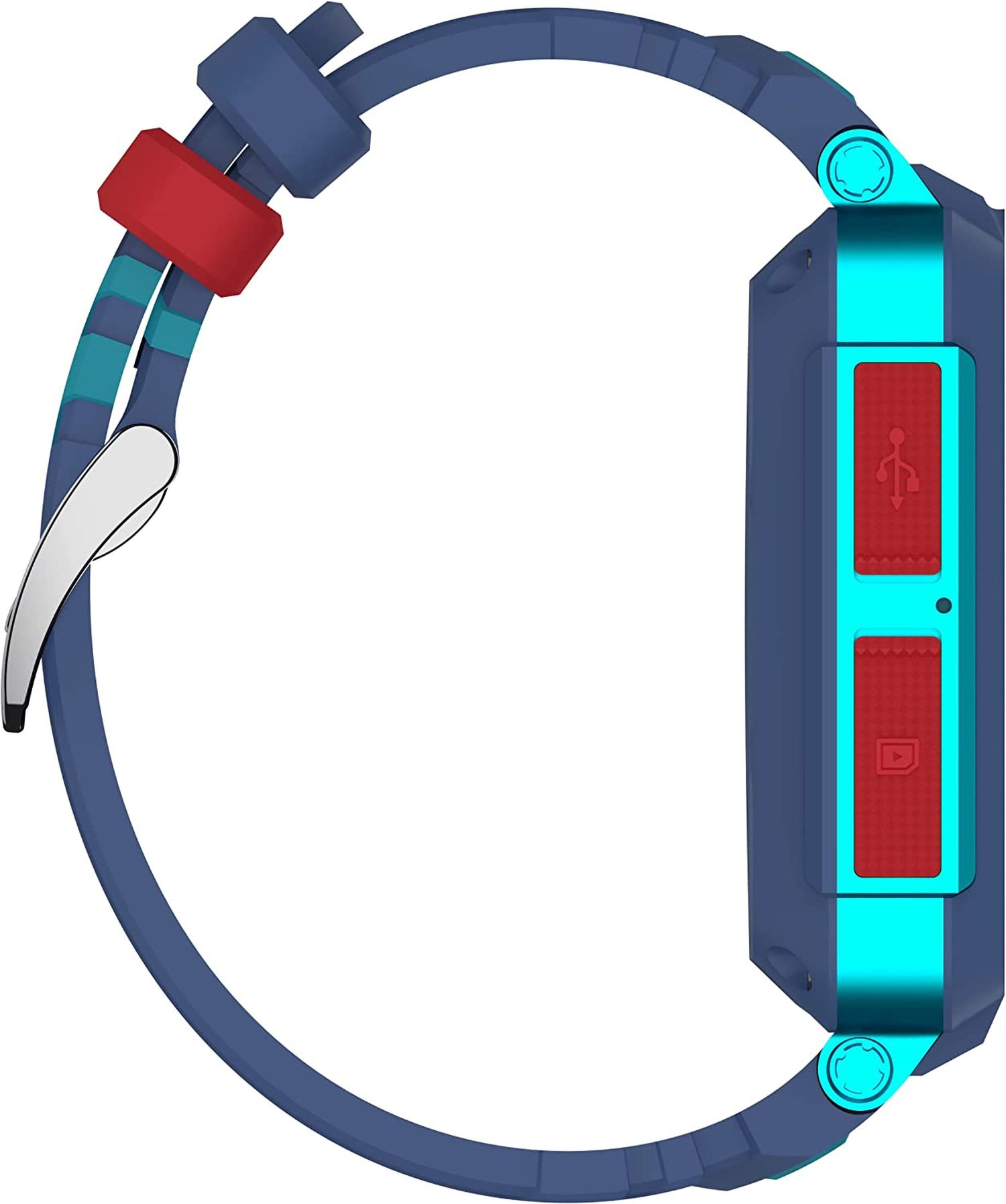 Eine blaue Smartwatch mit rotem und blauem Armband. Zwei rote Knöpfe an der Seite der Uhr.