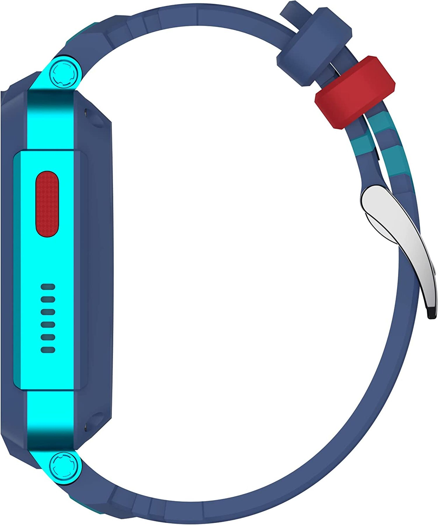 Blau-türkis Smartwatch, rotes Banddetail, silberne Schließe, Seitenansicht.