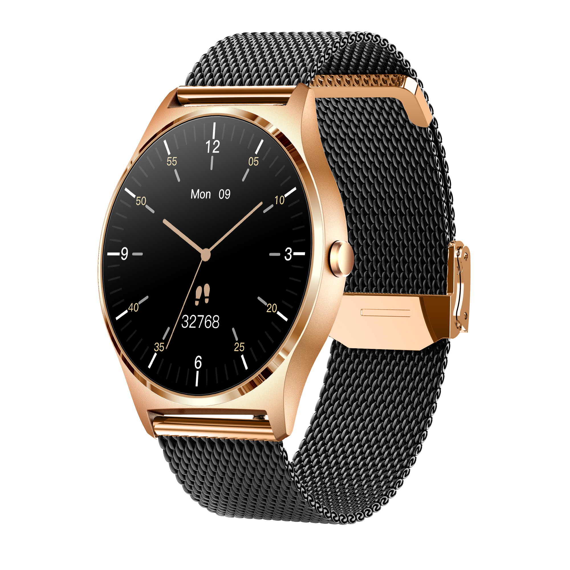 Roségoldene Smartwatch mit schwarzem Zifferblatt, schwarzem Mesh-Armband und zeigt Zeit und Datum an. Ein goldener Knopf ist sichtbar.