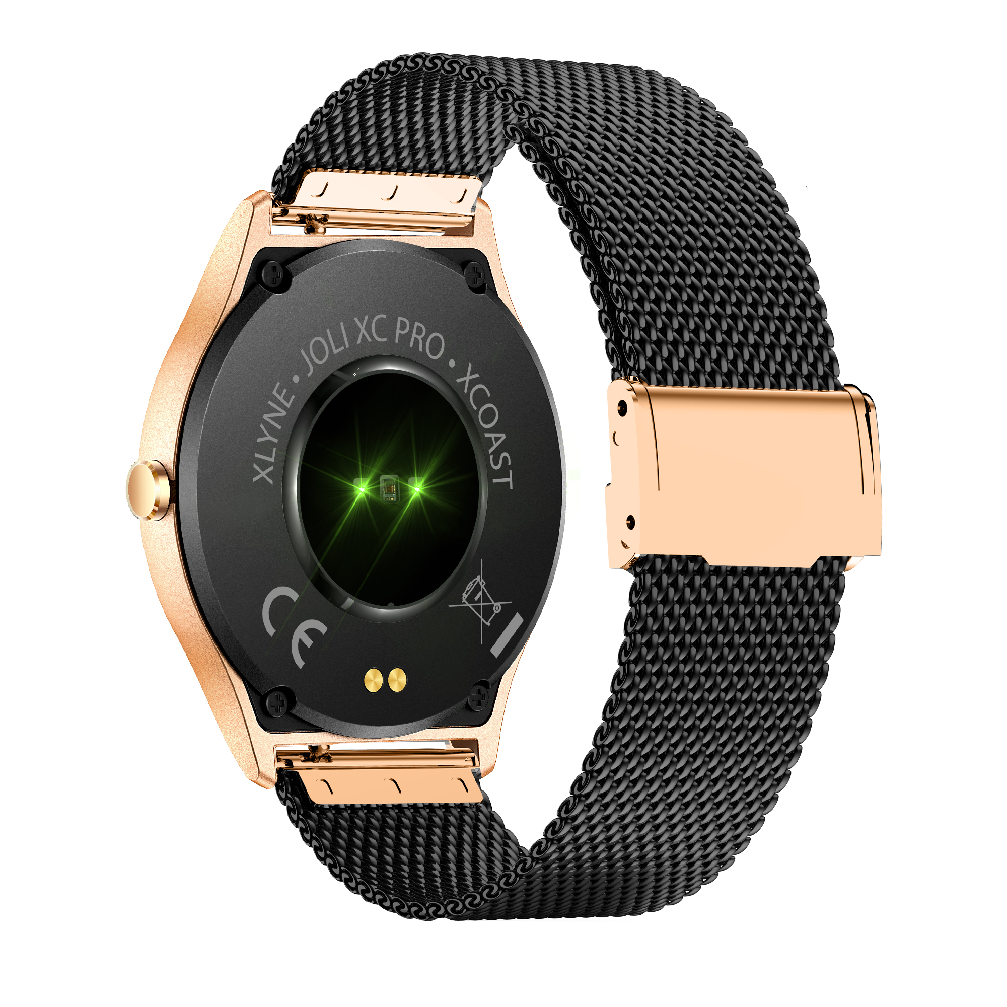 Eine runde Smartwatch mit schwarzem Armband und goldenem Rahmen, vor weißem Hintergrund.
