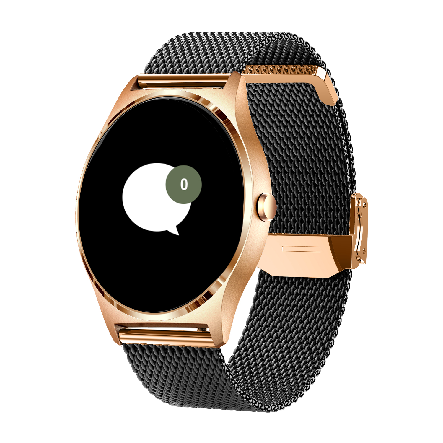 Roségoldene Smartwatch mit schwarzem Mesh-Armband. Der Bildschirm zeigt eine Chatblase mit der Zahl Null.