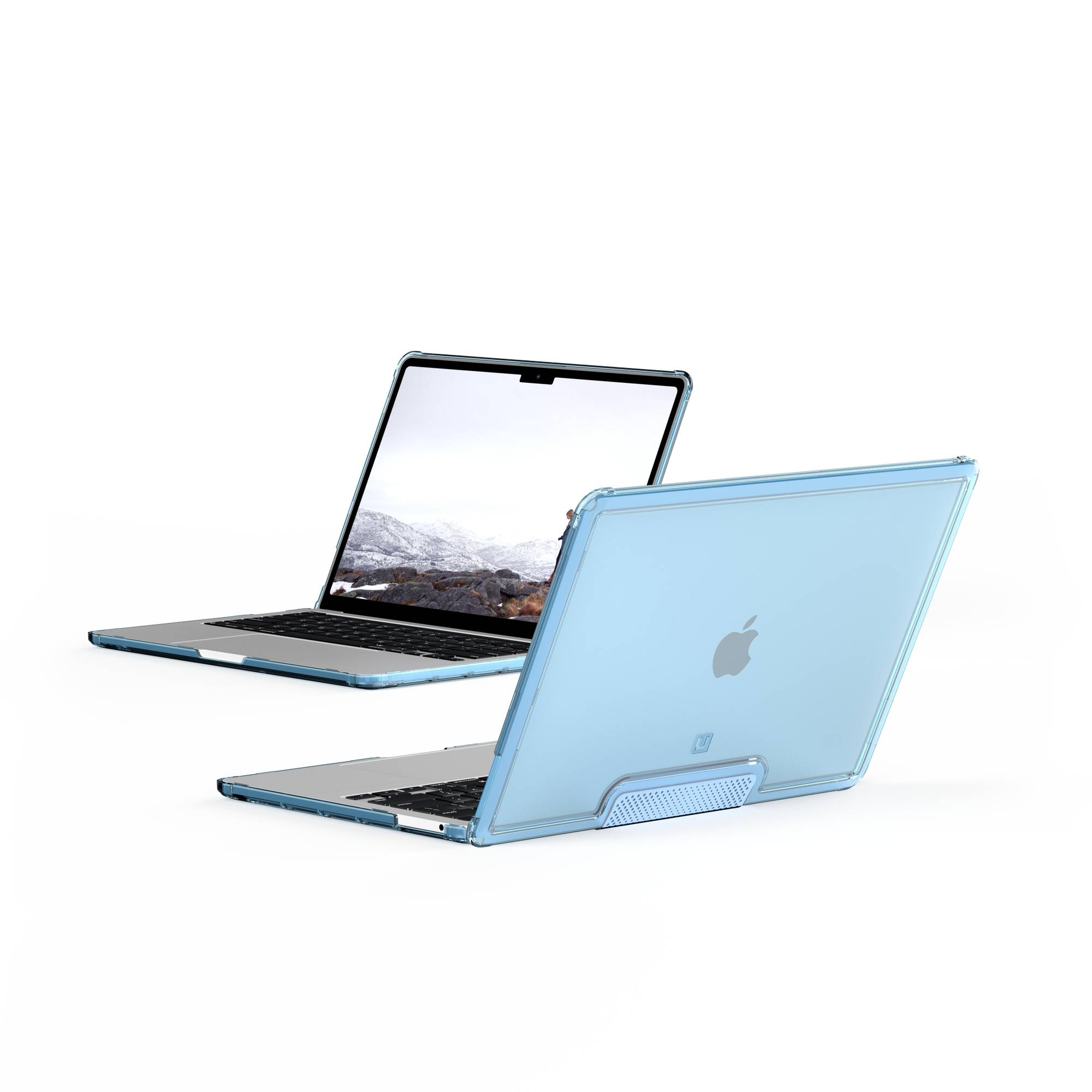 Zwei hellblaue Laptops. Sie haben einen blauen Rahmen. Das Apple-Logo ist auf der Rückseite sichtbar.