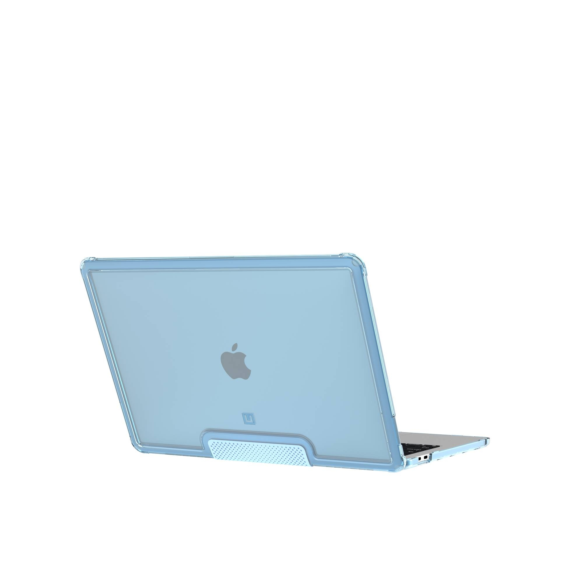 Laptop mit hellblauer Hülle. Das Apple-Logo ist sichtbar. Der Hintergrund ist weiß.
