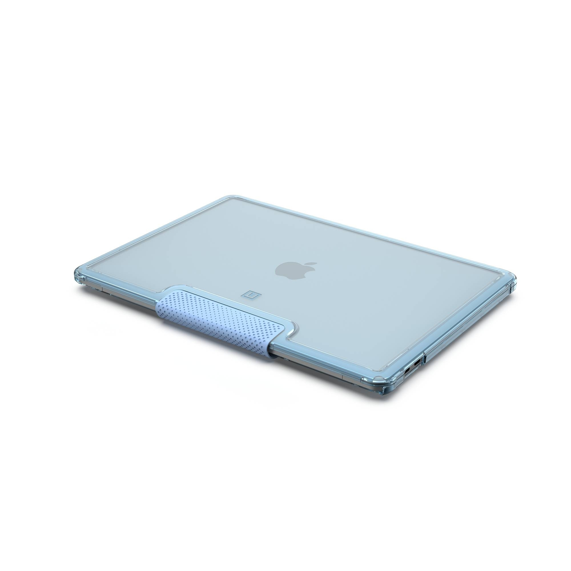 Eine hellblaue Laptop-Hülle mit weißem Apfel-Logo und blauem Griff.