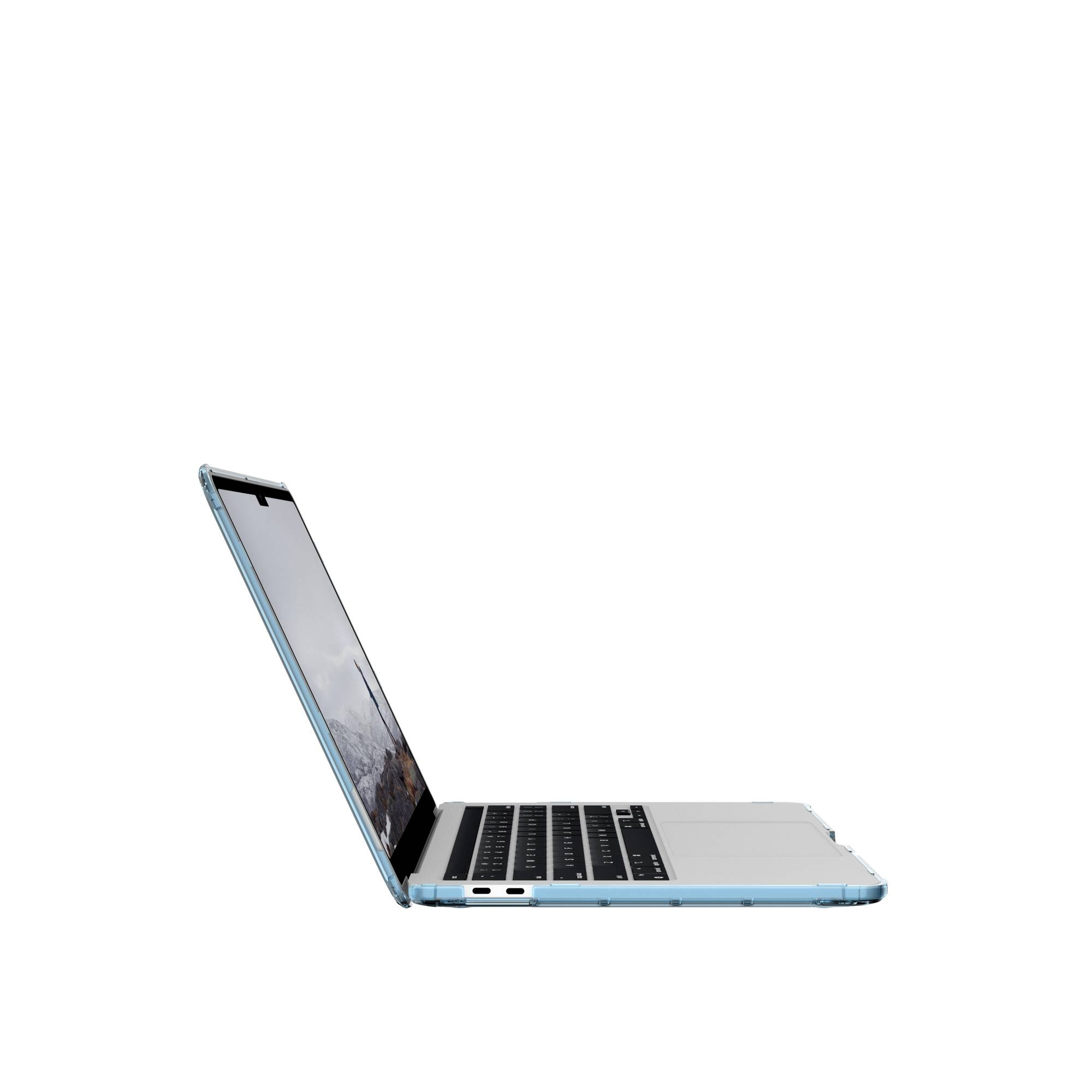 Ein Laptop mit hellblauem Gehäuse, geöffnet auf weißer Oberfläche. Der Bildschirm zeigt eine Landschaft.