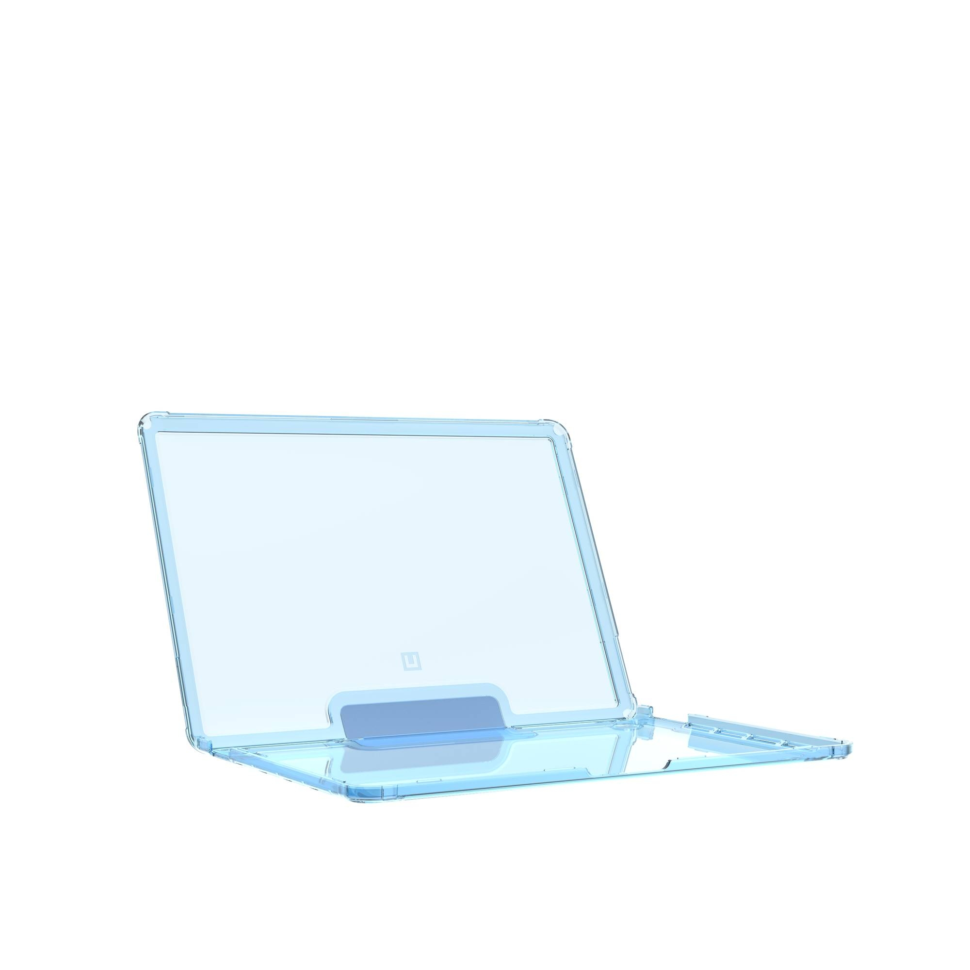 Eine transparente blaue Tablettasche, geöffnet auf einer weißen Oberfläche.