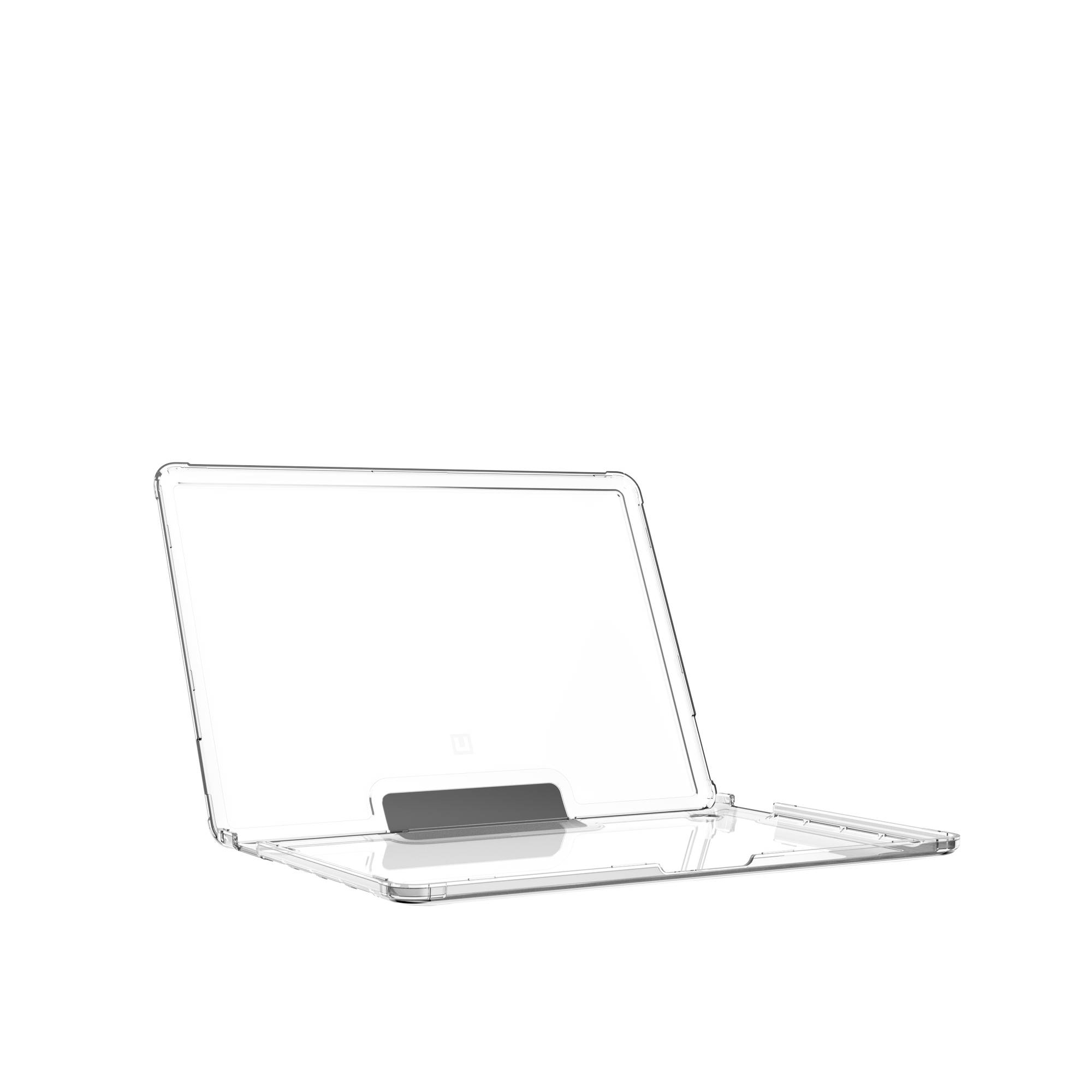 Przezroczyste etui na laptopa, częściowo otwarte, na białym tle, pokazujące wnętrze.