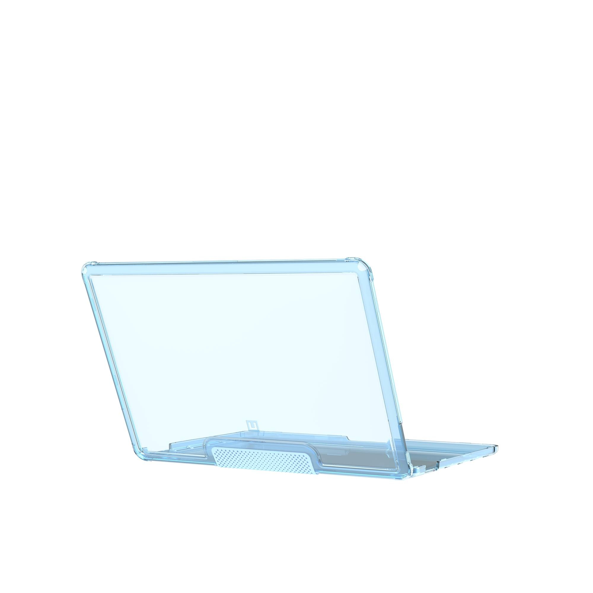 Eine hellblaue, durchscheinende Laptop-Hülle, offen und angewinkelt, vor weißem Hintergrund.