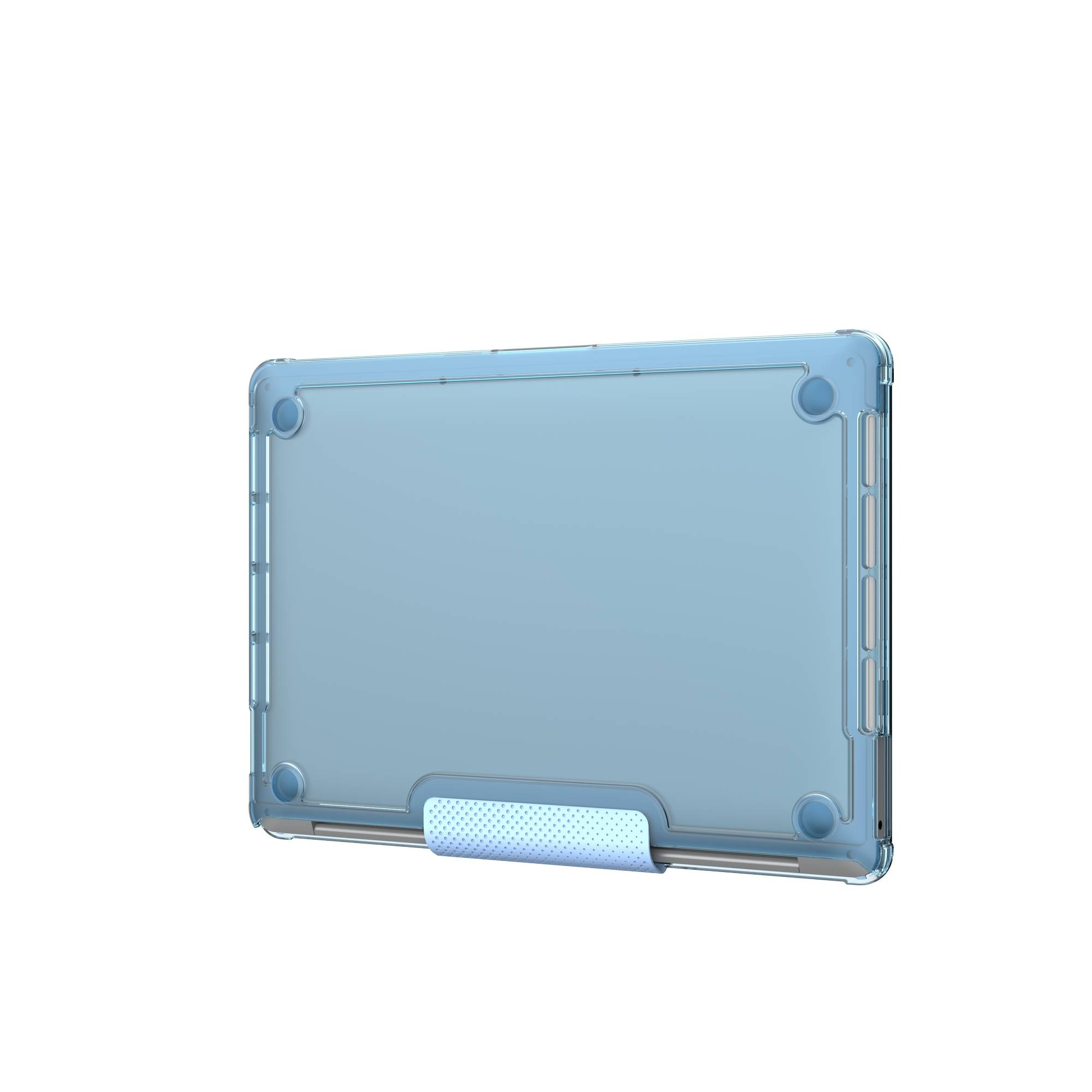 Eine transparente, blaue Schutzhülle für einen Laptop, die Unterseite zeigend, auf weißem Hintergrund platziert.