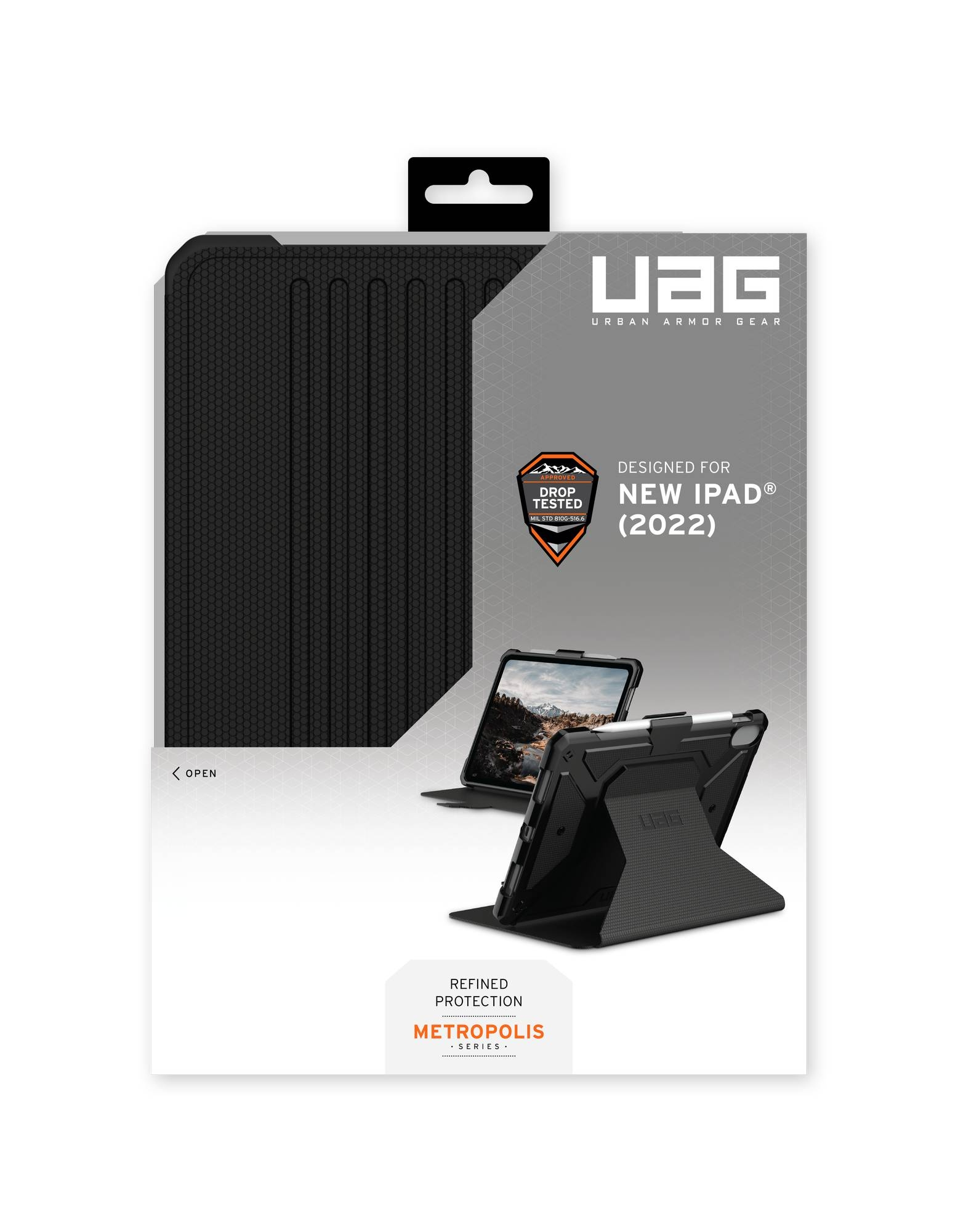 Tablethüllenverpackung, schwarze Hülle, für neues iPad 2022, mit dem UAG-Logo.