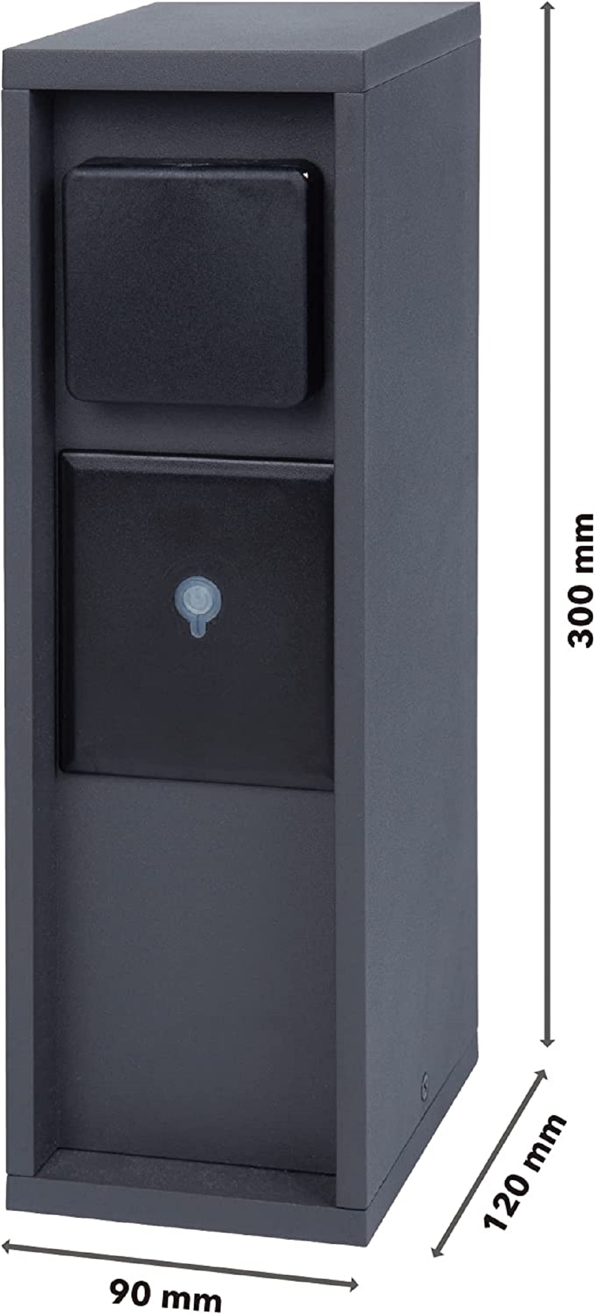 Dunkelgrauer Briefkasten mit zwei Fächern. Abmessungen: 300mm Höhe, 90mm Breite, 120mm Tiefe.